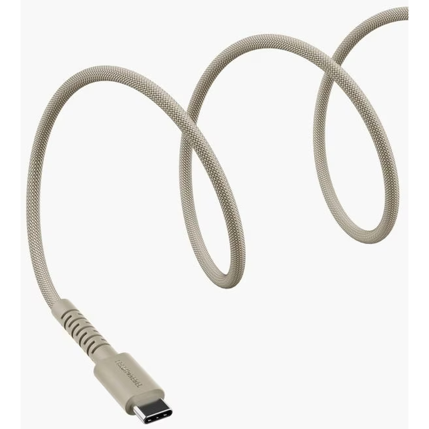 Un câble USB-C beige, enroulé sur un fond blanc. Le câble a un tissu texturé et un connecteur à l'extrémité.