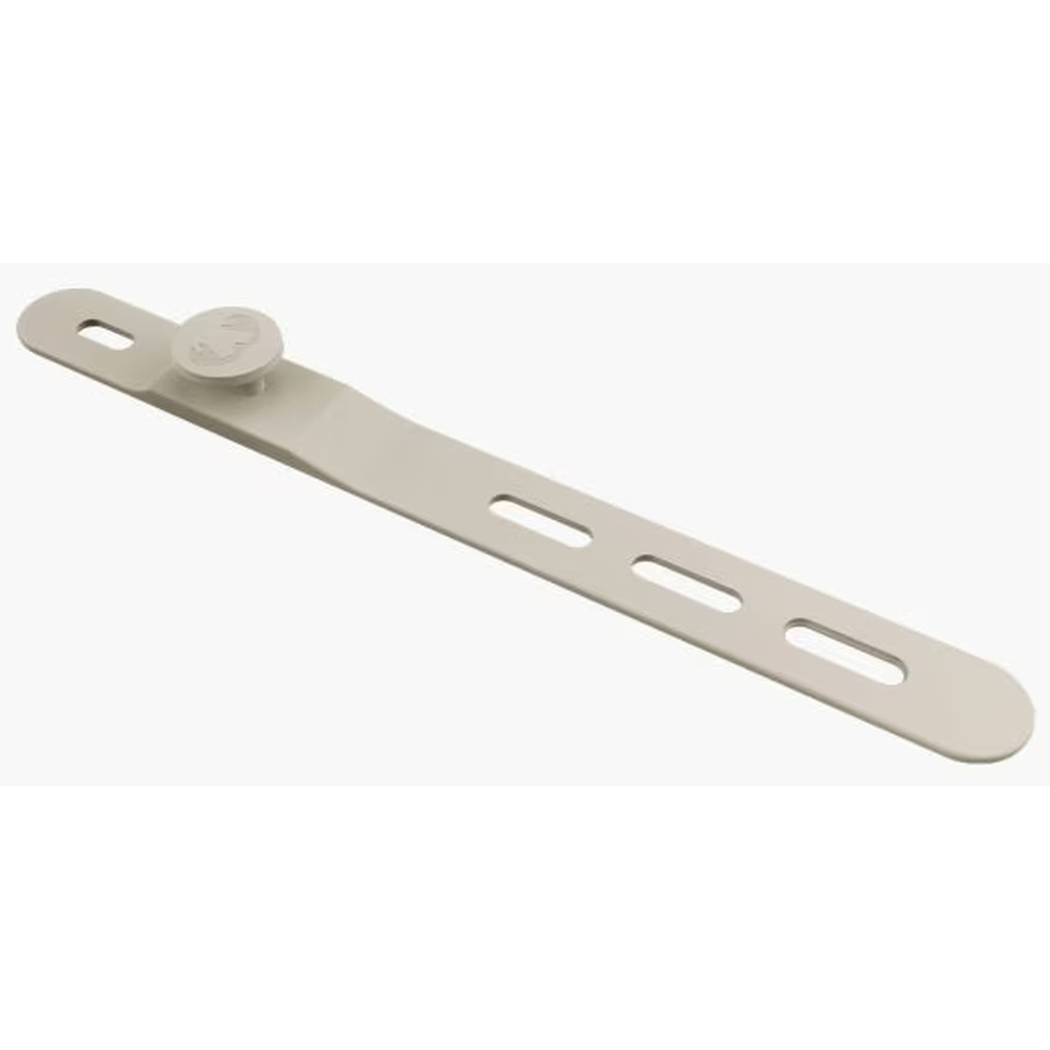 Une entretoise de fenêtre en plastique beige avec une tête ronde et de multiples découpes ovales. Elle a une vis sur la tête.