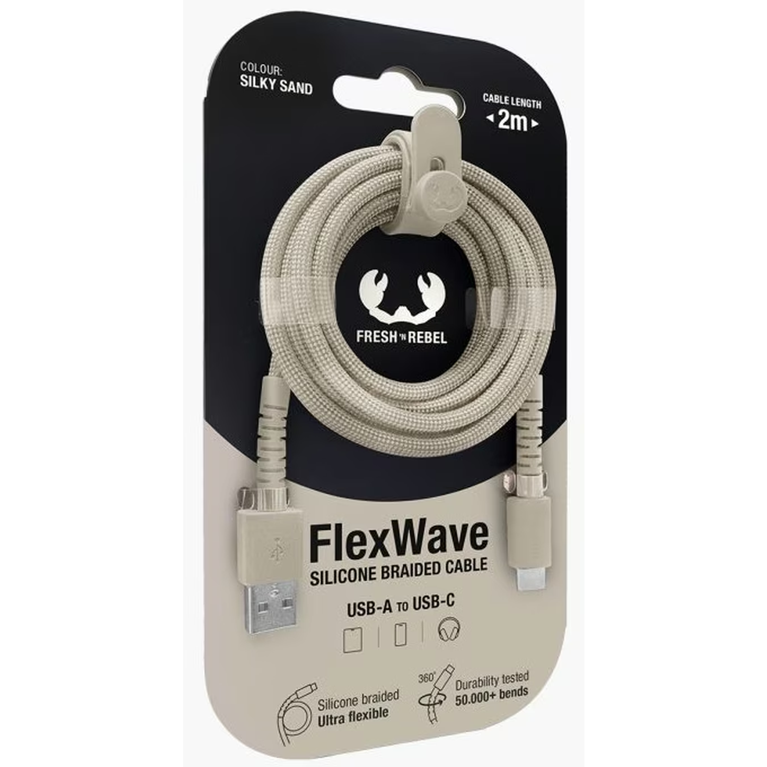 Un câble tressé en silicone USB-A vers USB-C FlexWave Silky Sand dans un emballage. Le câble est beige, 2 m de long, avec USB-A et USB-C.