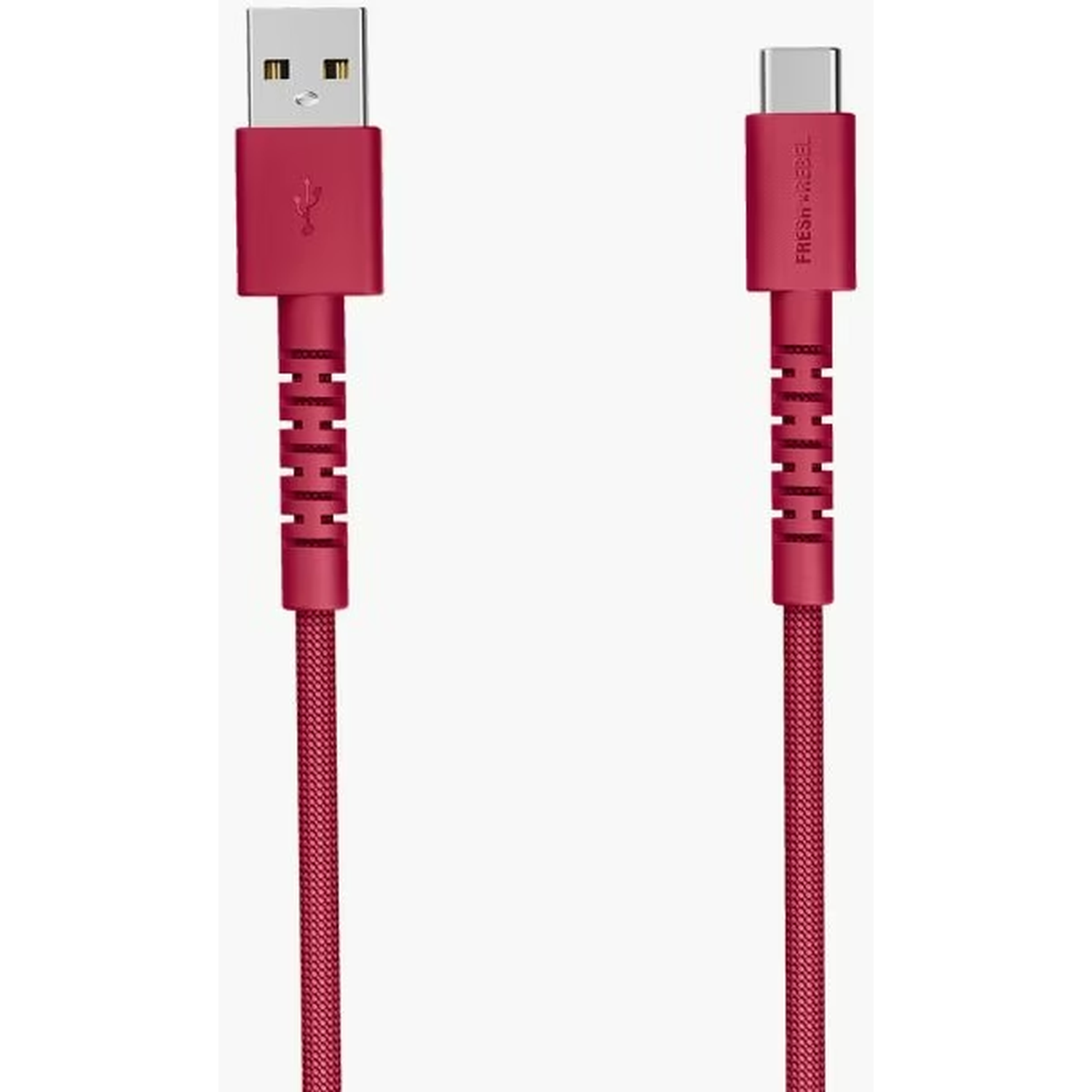 Deux câbles USB rouges. L'un possède un connecteur USB-A et l'autre un connecteur USB-C. Les deux câbles sont sur fond blanc.