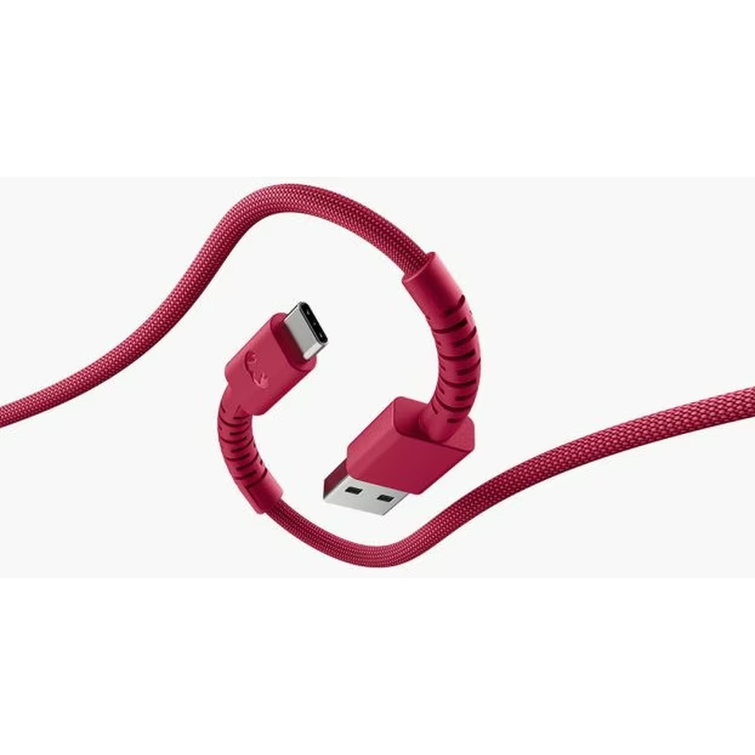 Un câble rouge USB-C vers USB-A sur fond blanc. Les connecteurs sont visibles. Le câble est texturé.
