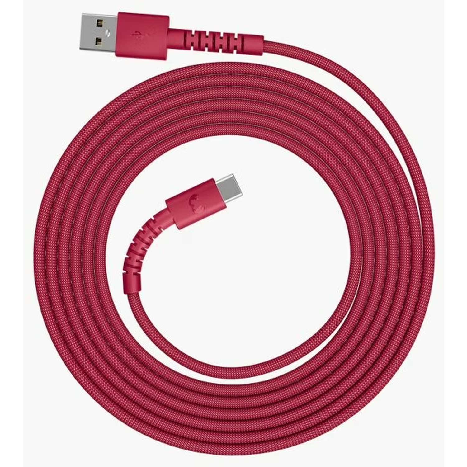 Un câble USB rouge avec connecteurs USB-A et USB-C, enroulé en cercle sur fond blanc.