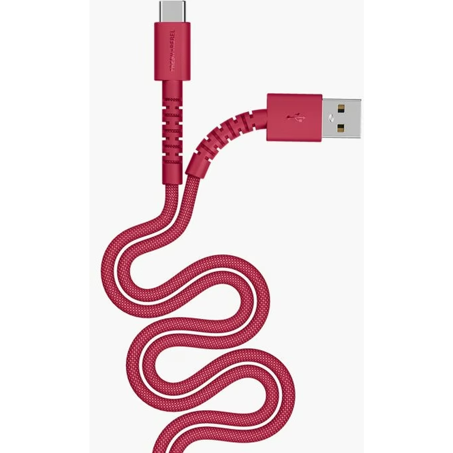 Un câble rouge USB-C vers USB-A sur fond blanc. Le câble est en boucle, avec des connecteurs à chaque extrémité.