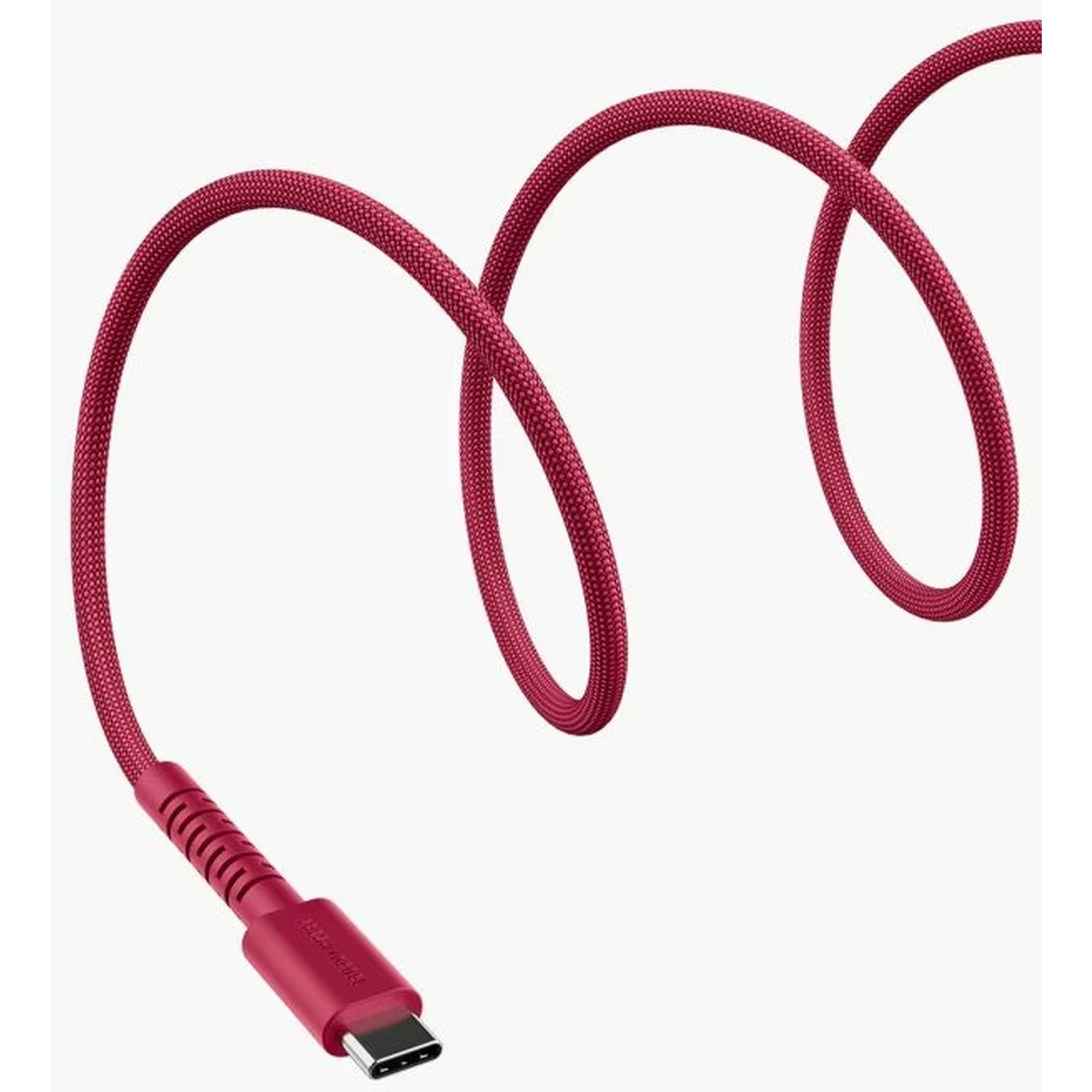 Un câble USB-C bordeaux enroulé. Le câble a un design texturé et un connecteur USB-C. Le fond est blanc.