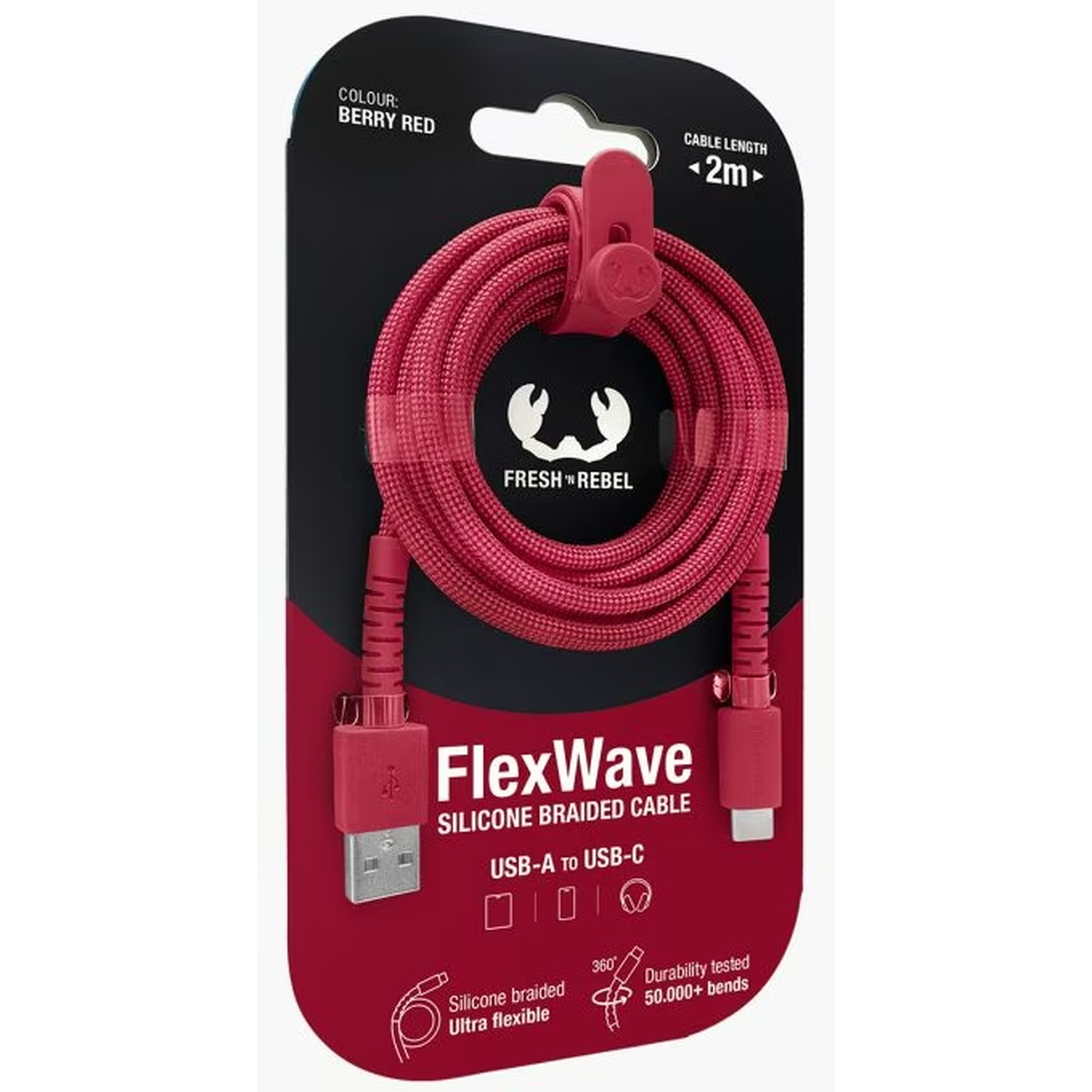 Un câble tressé FlexWave USB-A vers USB-C rouge baie, de 2 m, sur un emballage noir et rouge. Caractéristiques : tresse en silicone et durabilité de plus de 50 000 pliages.