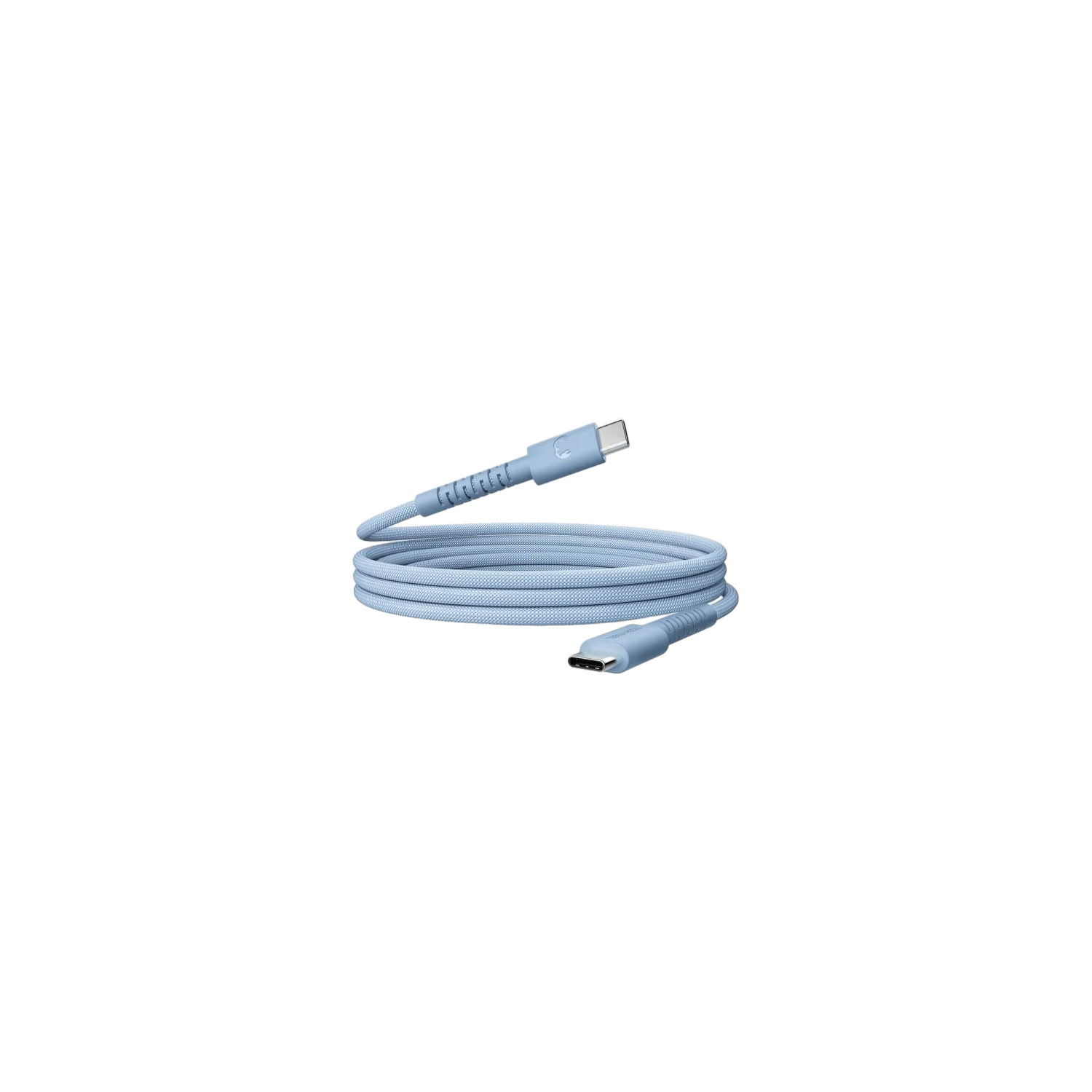 Een lichtblauwe USB-C-kabel is opgerold tegen een zwarte achtergrond. De kabel heeft USB-C-connectoren aan beide uiteinden.