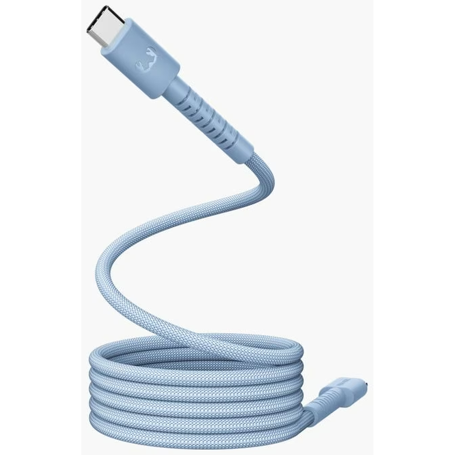 Een lichtblauwe USB-C oplaadkabel. De kabel is onderaan opgerold en heeft een USB-C connector aan de bovenkant.