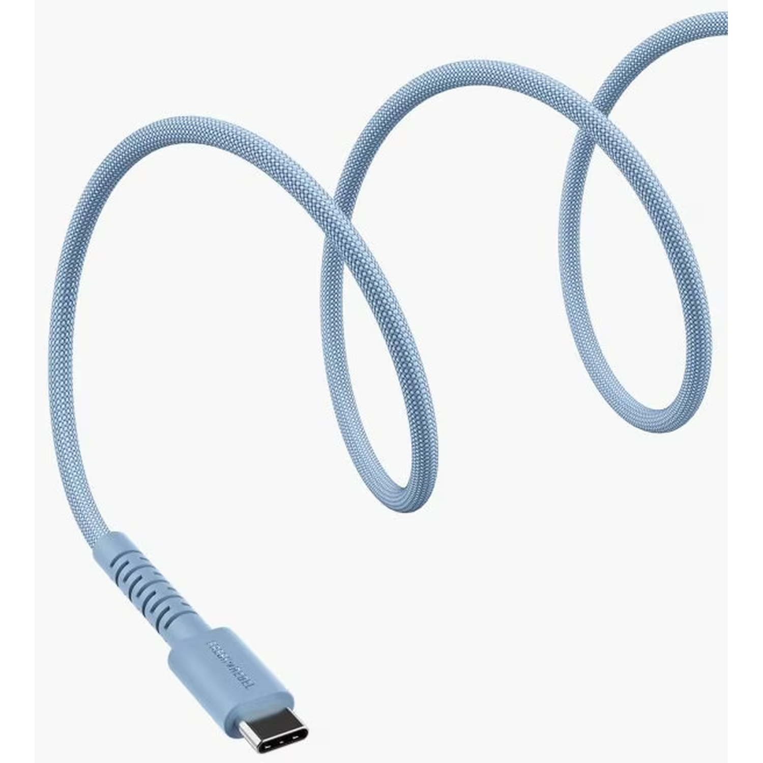 Een opgerolde, lichtblauwe USB-C-kabel tegen een witte achtergrond. Het heeft een getextureerd oppervlak en een connector aan één uiteinde.