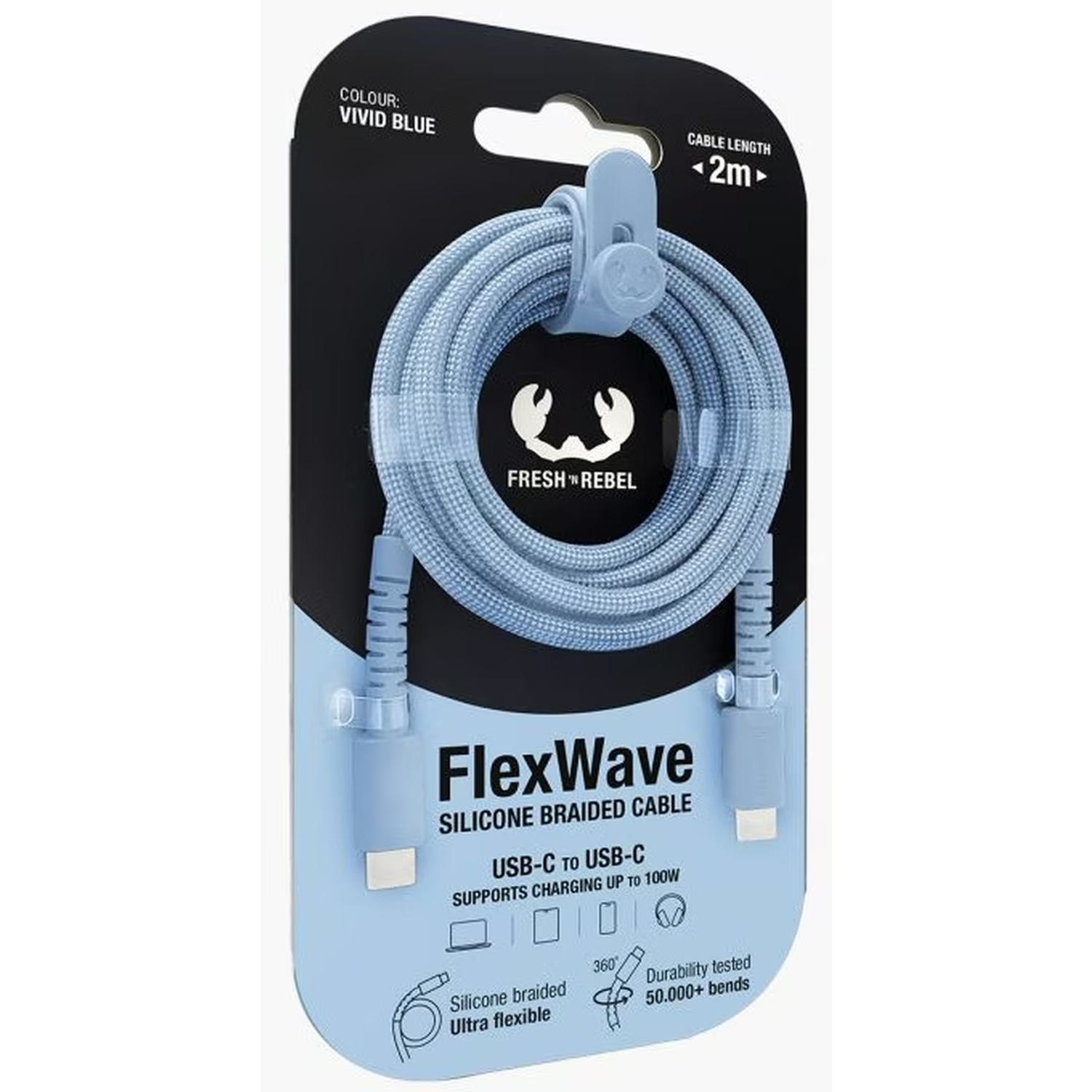 Een levendige blauwe FlexWave siliconen gevlochten USB-C-kabel, 2 m lang, verpakt op een zwarte en blauwe kaart. Details zijn onder meer oplaadondersteuning en duurzaamheid.
