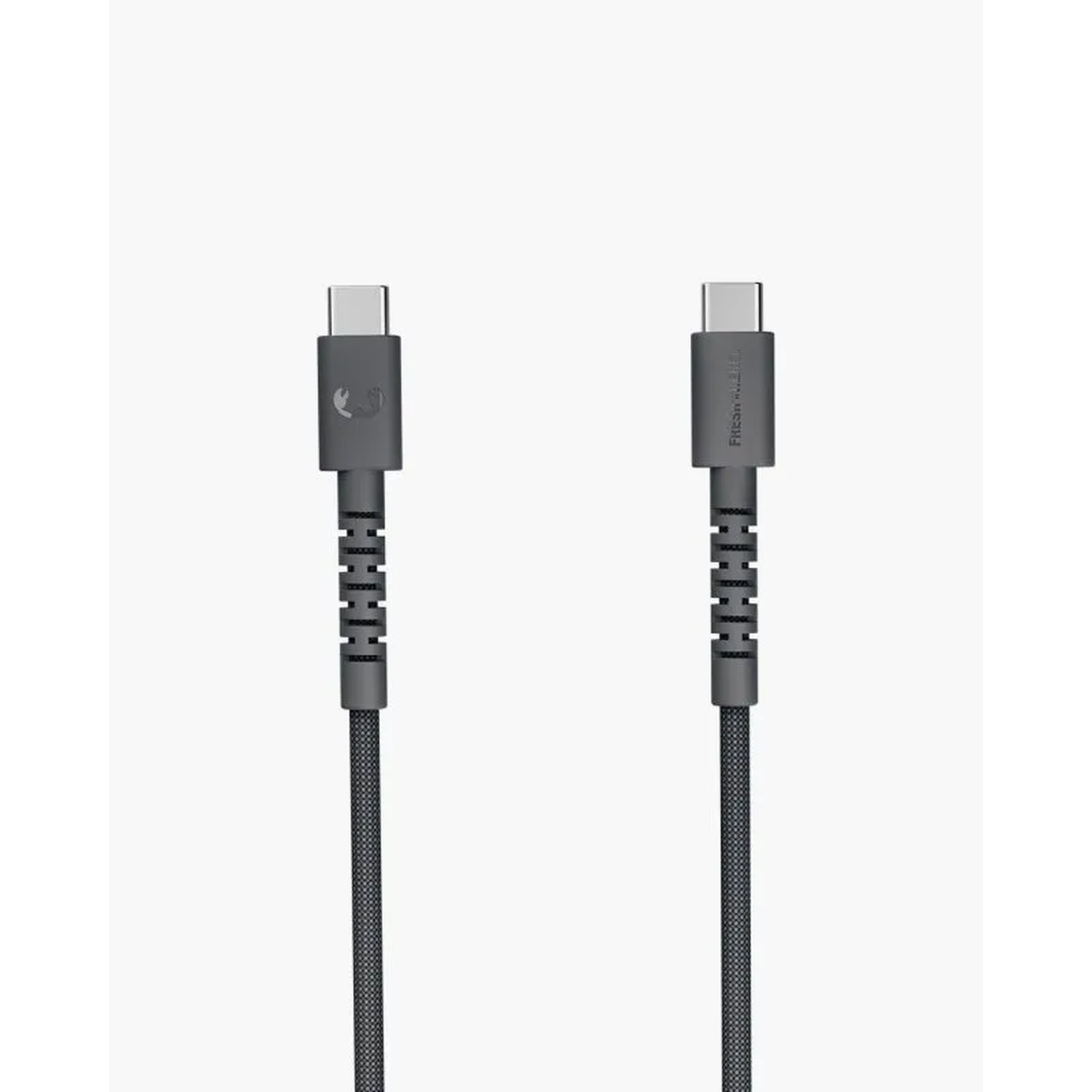 Twee USB-C oplaadkabels. De connectoren zijn grijs, met zwarte kabels. De linker heeft een logo, de rechter een merknaam.