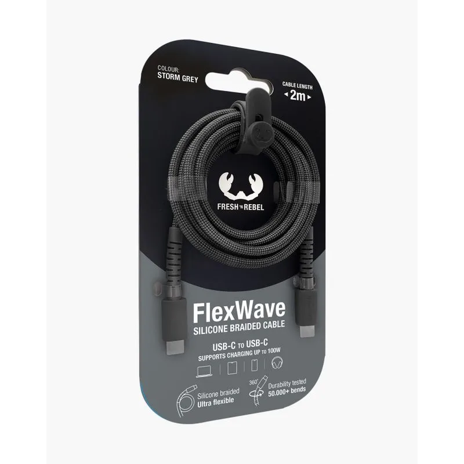 Een FlexWave USB-C naar USB-C gevlochten kabel in stormgrijs. De verpakking toont de kabel, merknaam en functies.