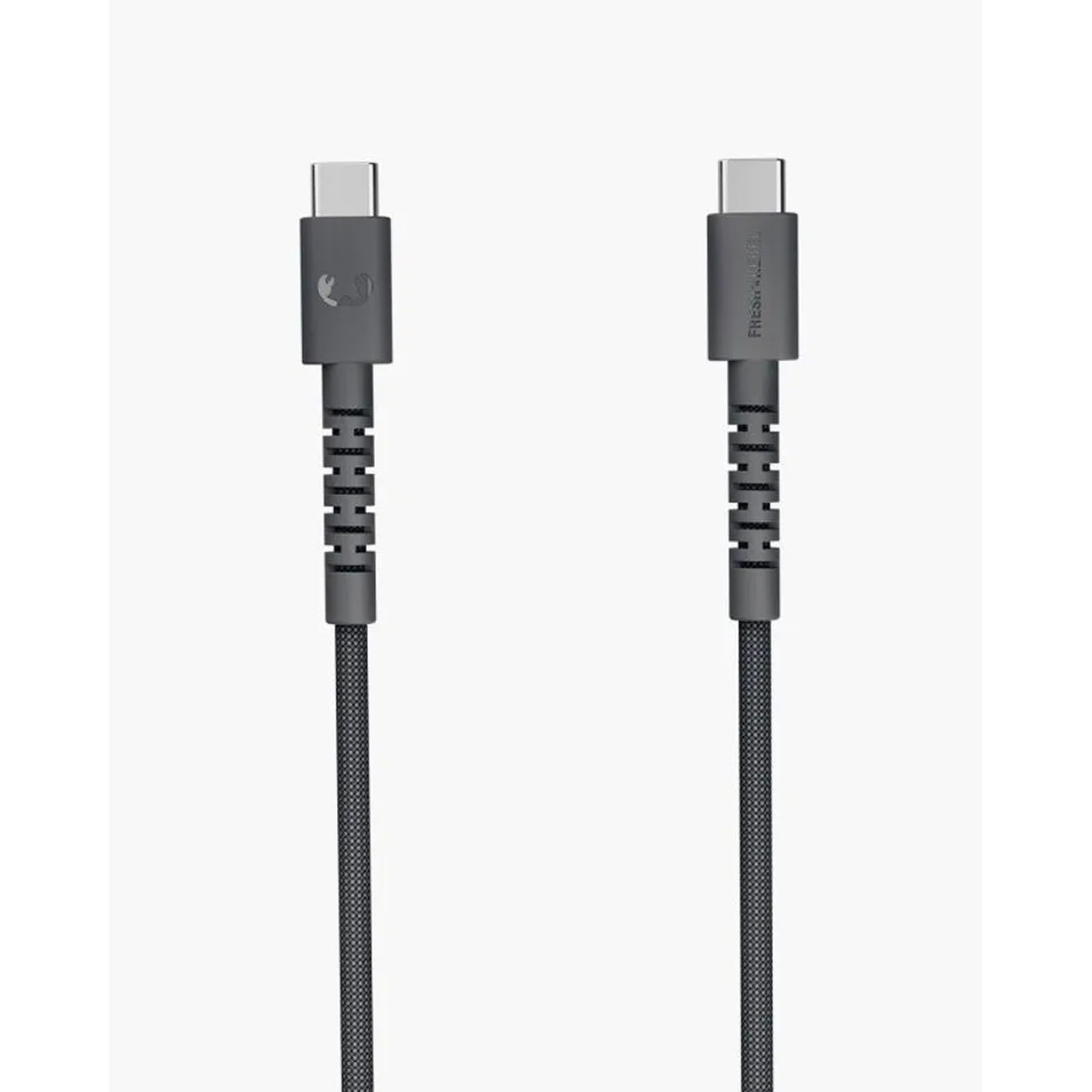 Deux câbles de chargement USB-C sur fond blanc. L'un a un logo, l'autre du texte. Les deux sont gris foncé.