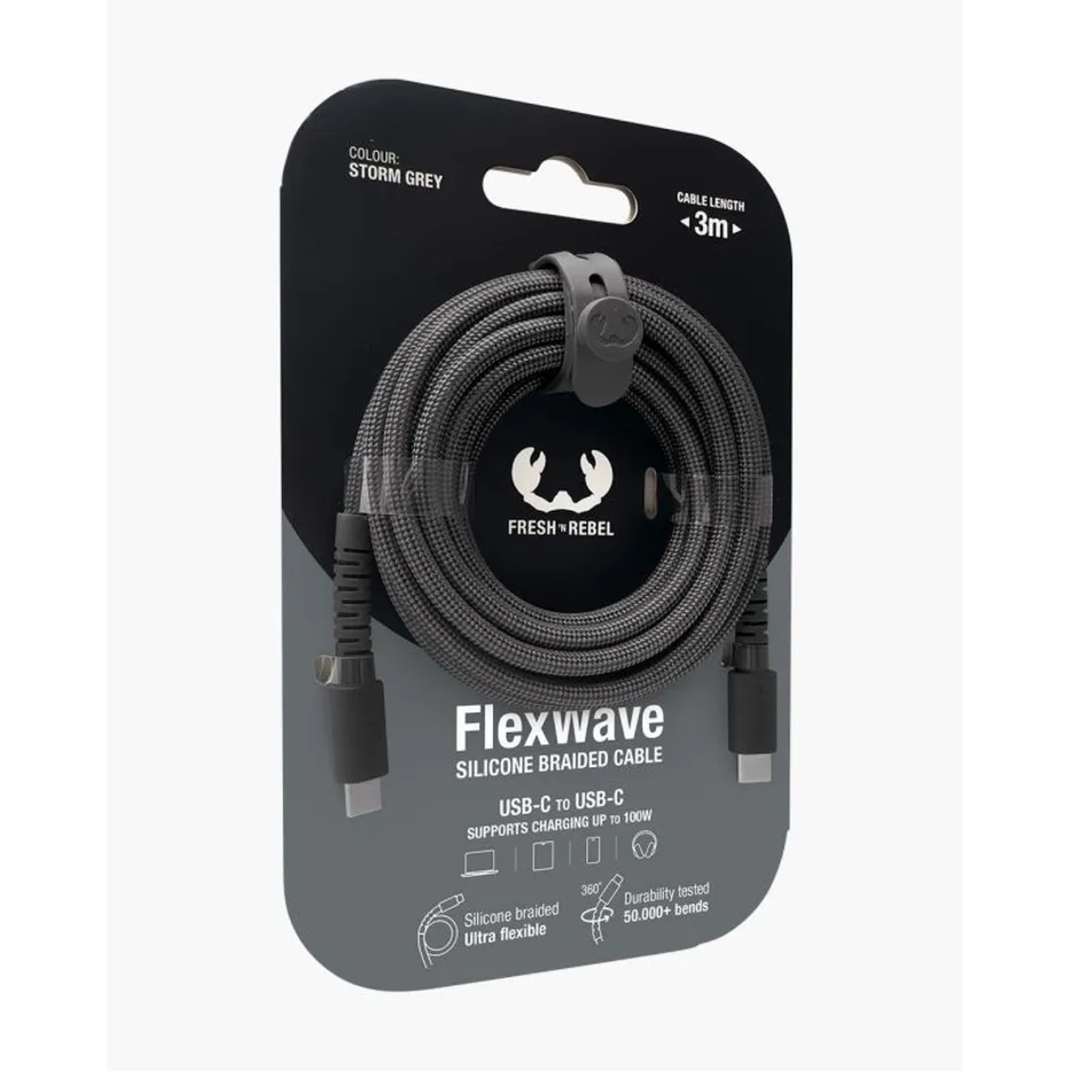 Un câble gris tressé USB-C vers USB-C est enroulé sur un emballage noir. Il est étiqueté Flexwave, câble tressé en silicone.