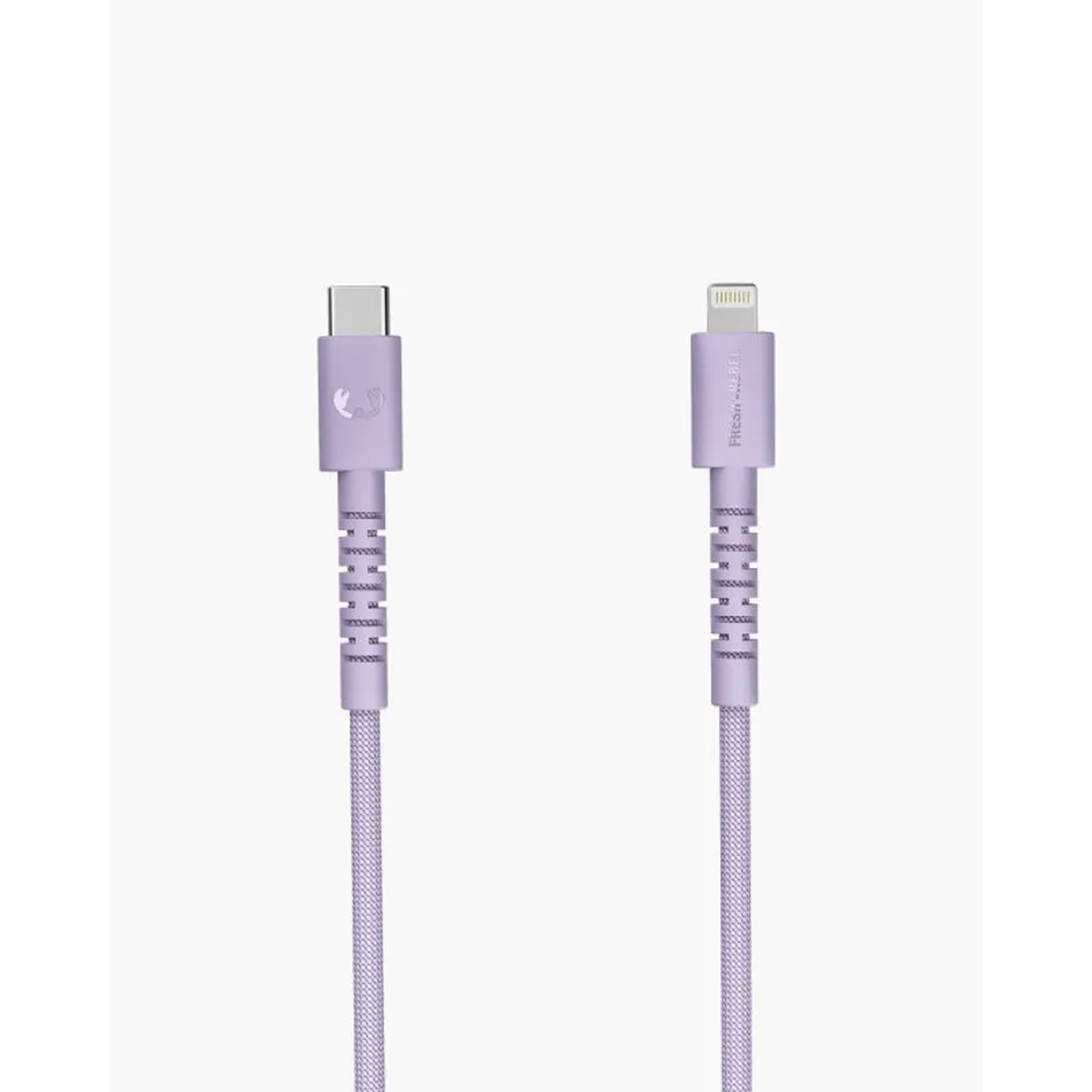 Two purple charging cables on white background. One is USB-C, the other is Lightning. Both are braided.