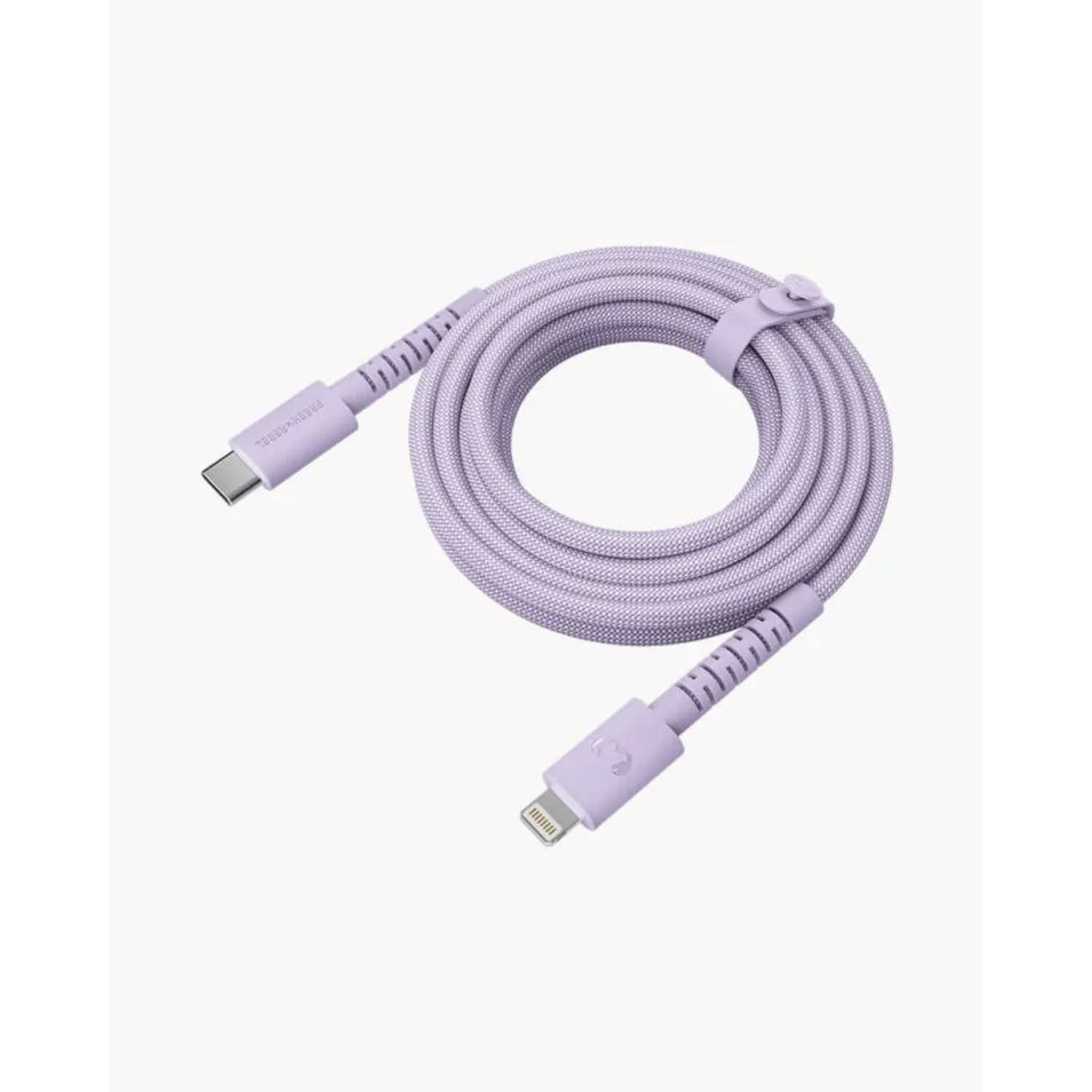 A lavender charging cable with USB-C and Lightning connectors. Cable is coiled, secured with a strap. White background.