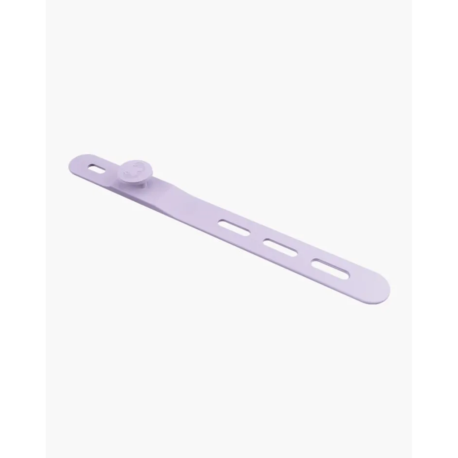 A lavender-colored plastic strap with a button and several rectangular holes. It is positioned diagonally against a white background.