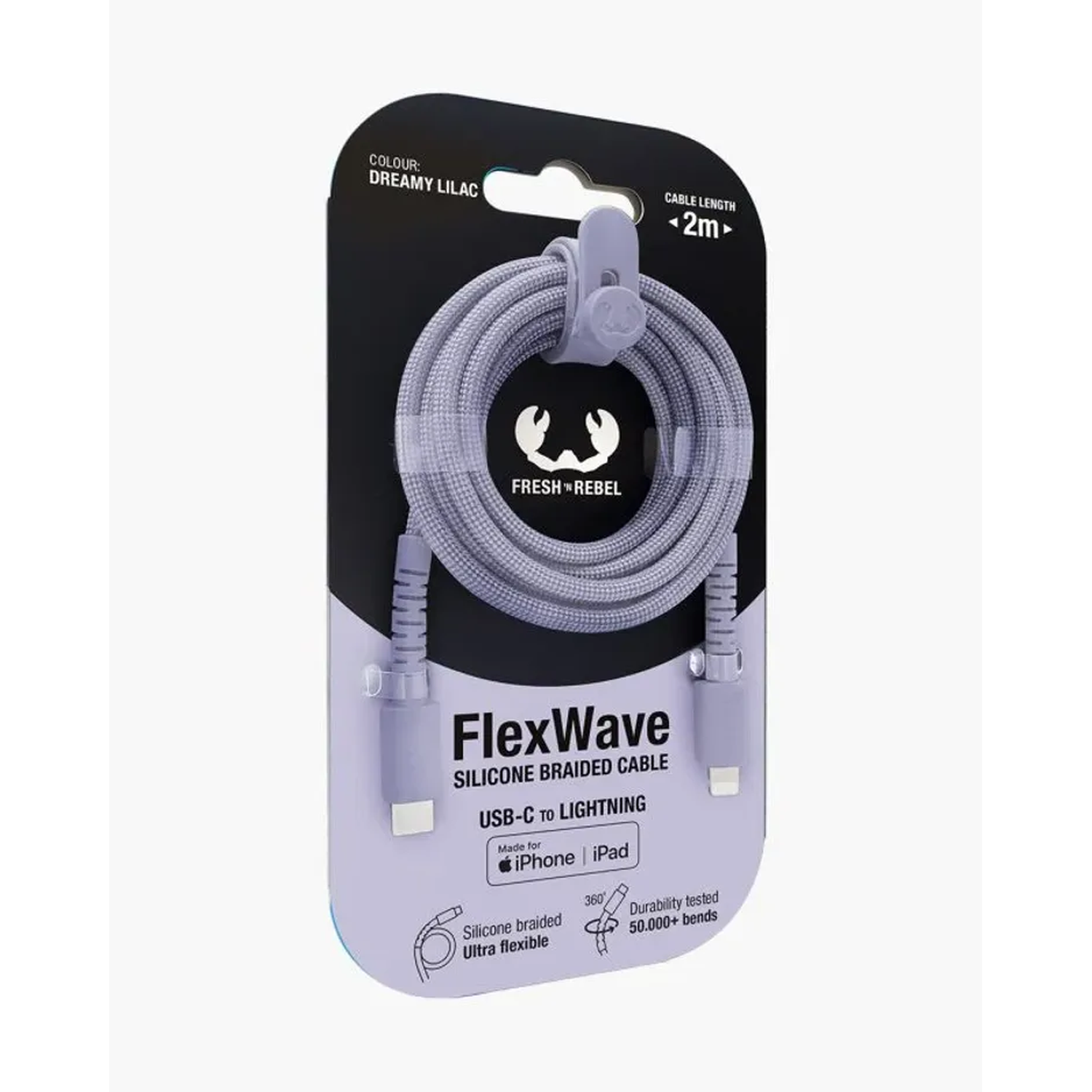 A Dreamy Lilac FlexWave silicone braided USB-C to Lightning cable is packaged. The package shows the cable coiled, with the Fresh Rebel logo.