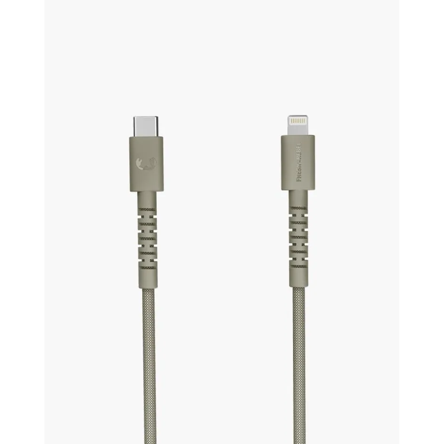 Two charging cables. One is USB-C, the other is lightning. Both are grey with a textured finish and a matching connector.
