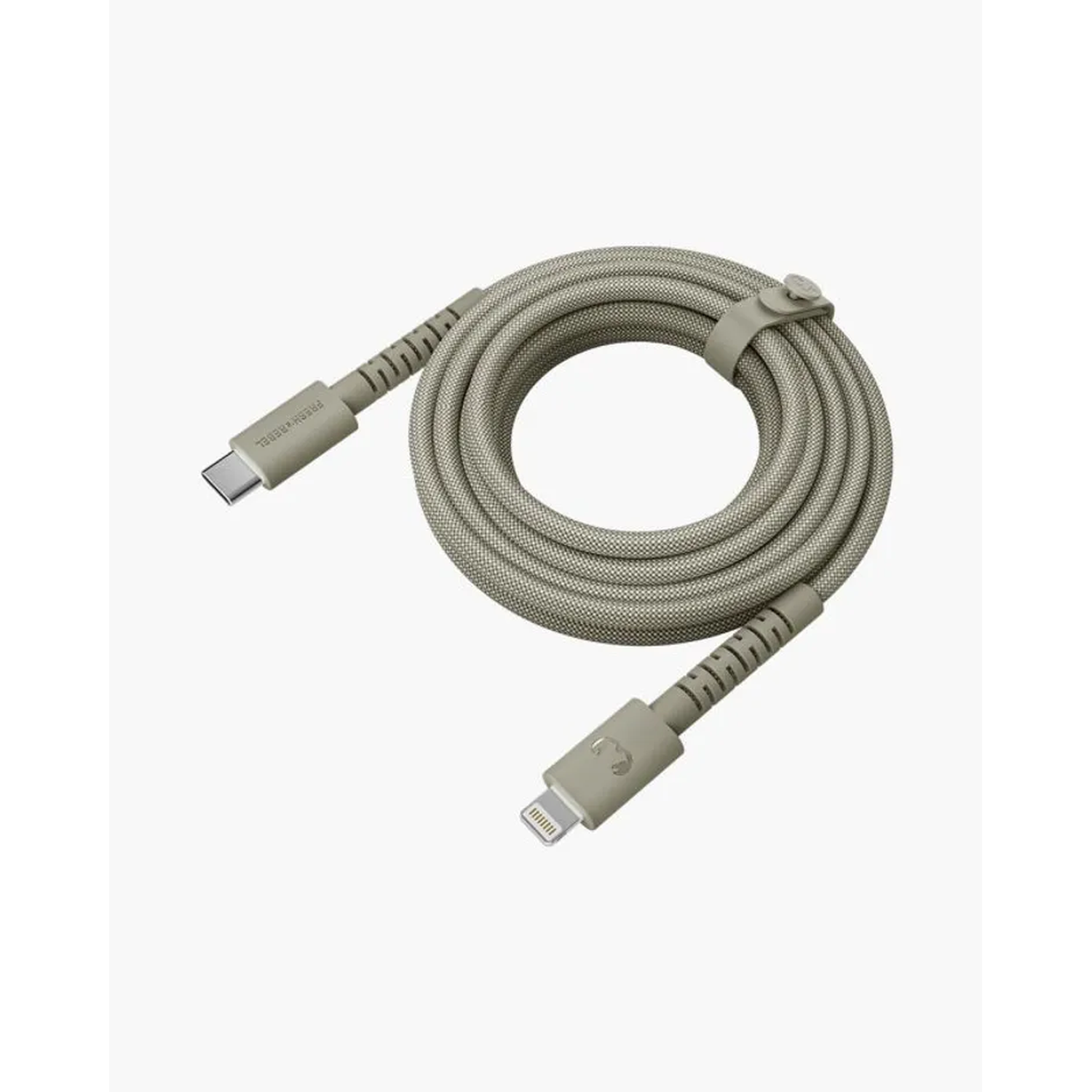 A coiled gray charging cable with a USB-C connector on one end and a lightning connector on the other.