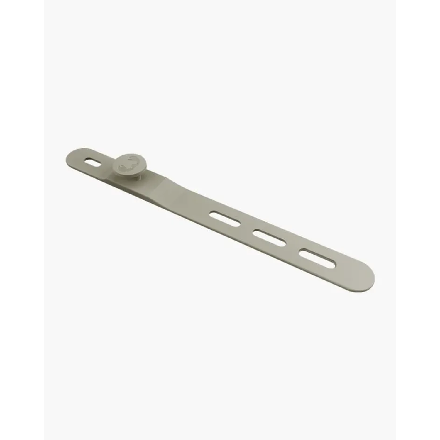 A light gray plastic bracket with a button on one end and three slots along its length, on a white background.