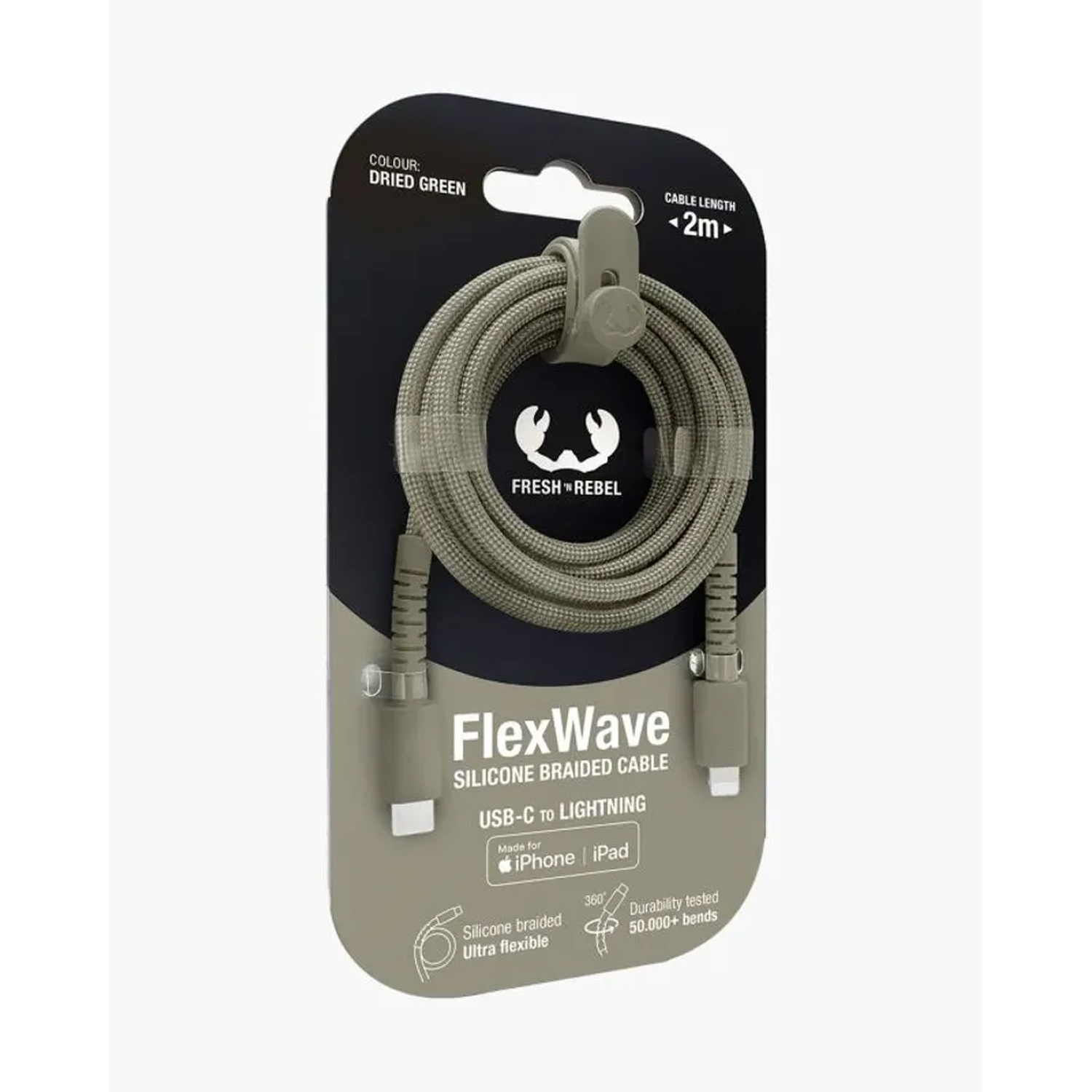 A FlexWave silicone braided cable for iPhone and iPad. Color is dried green. Cable length is 2m. The package shows the product and its features.