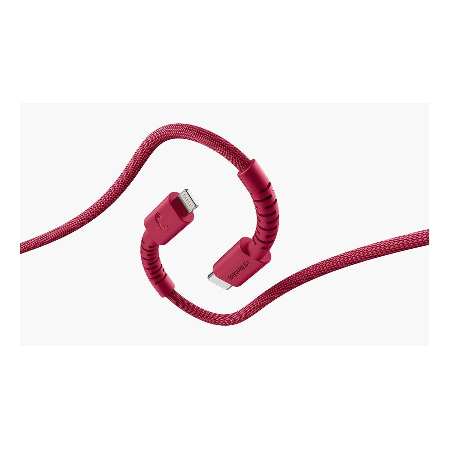 A red braided charging cable with a USB-C and a lightning connector, on a white background. 