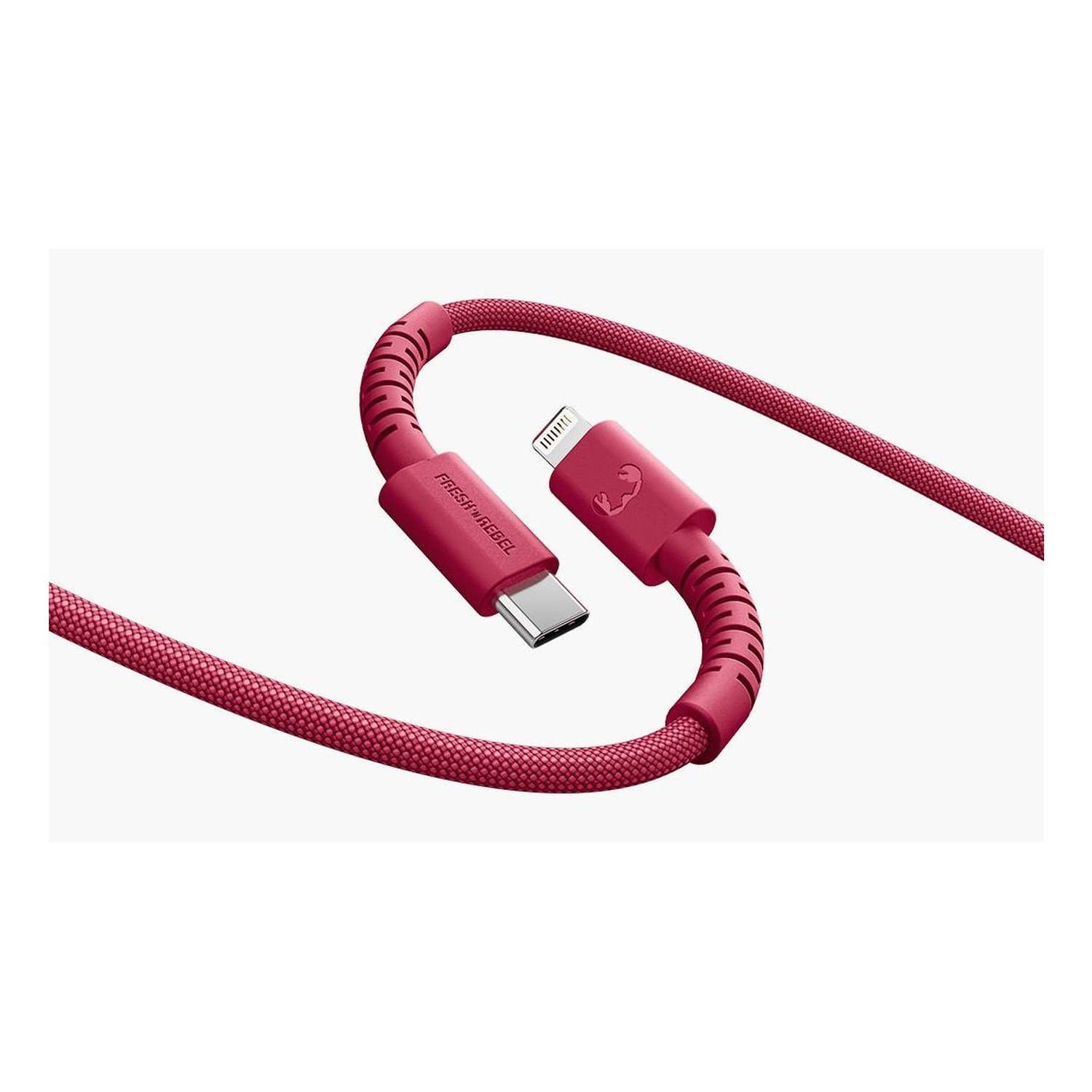A pink USB-C to Lightning cable is shown, with the brand 'Fresh Rebel' on it. The cable is positioned against a white background.