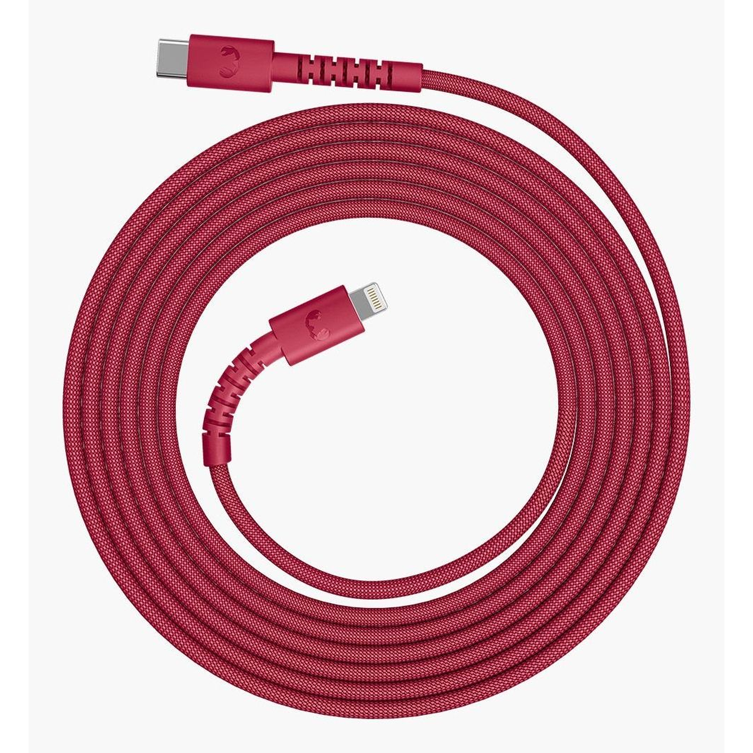 A red charging cable with USB-C and Lightning connectors, coiled in a circular pattern on a white background.