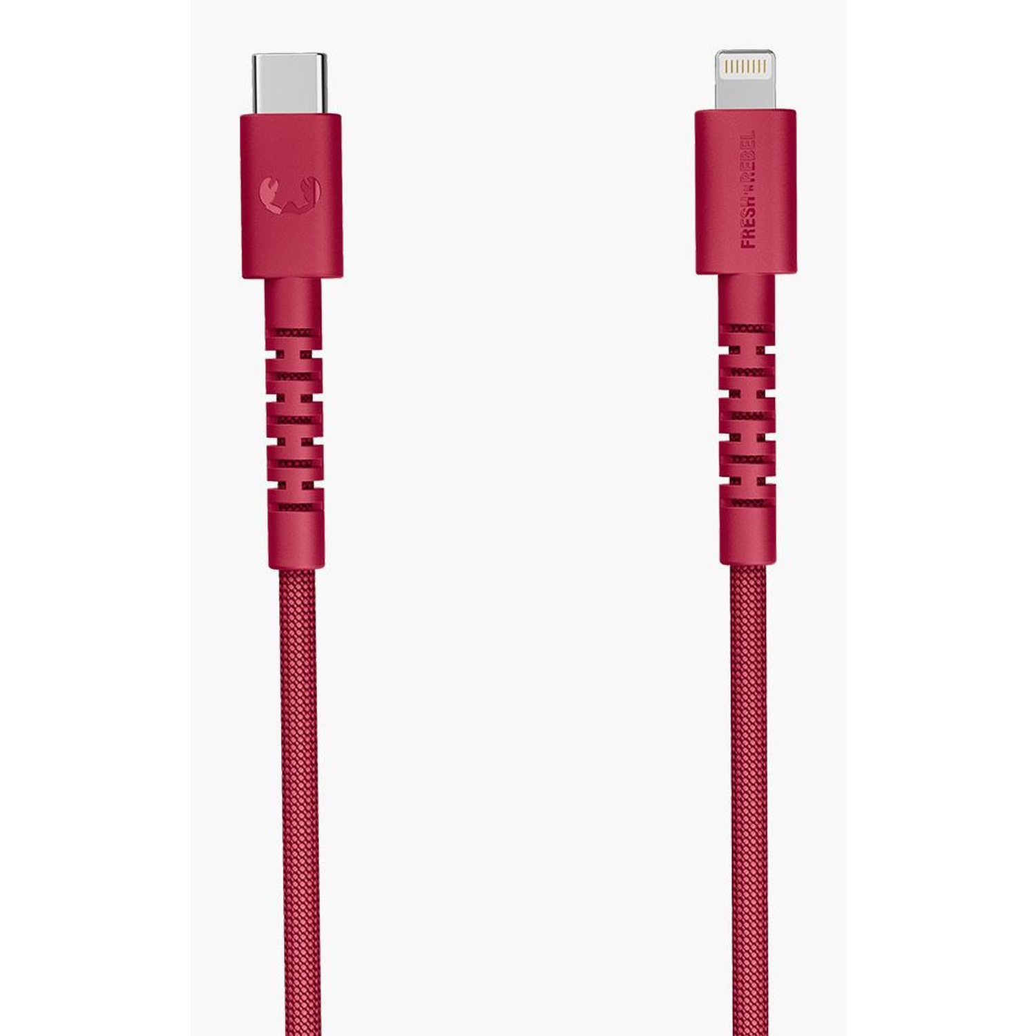 Two red USB cables. One has a USB-C connector, the other has a lightning connector. Both have a braided cable.