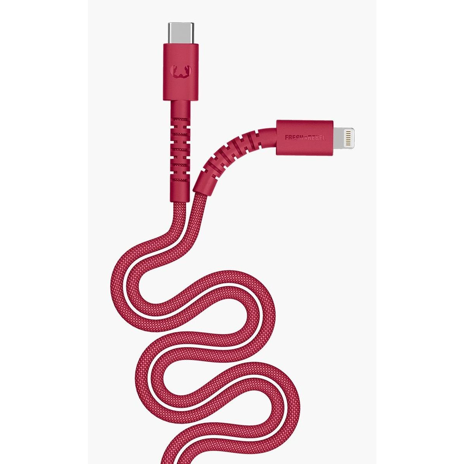 A red USB cable with a USB-C connector and a lightning connector. The cable is coiled and has the brand 'FRESH REBEL' on it.