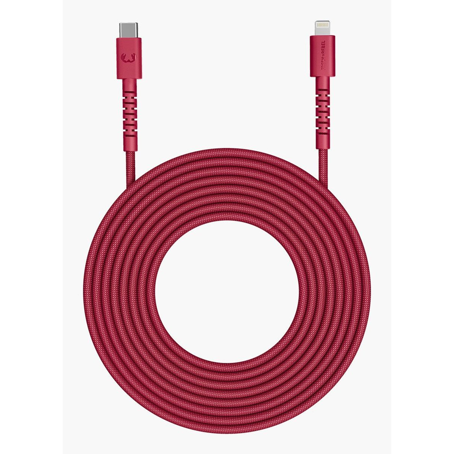 Red USB-C to Lightning cable, coiled. USB-C end on left, Lightning end on right. Cable is braided. Background is white.