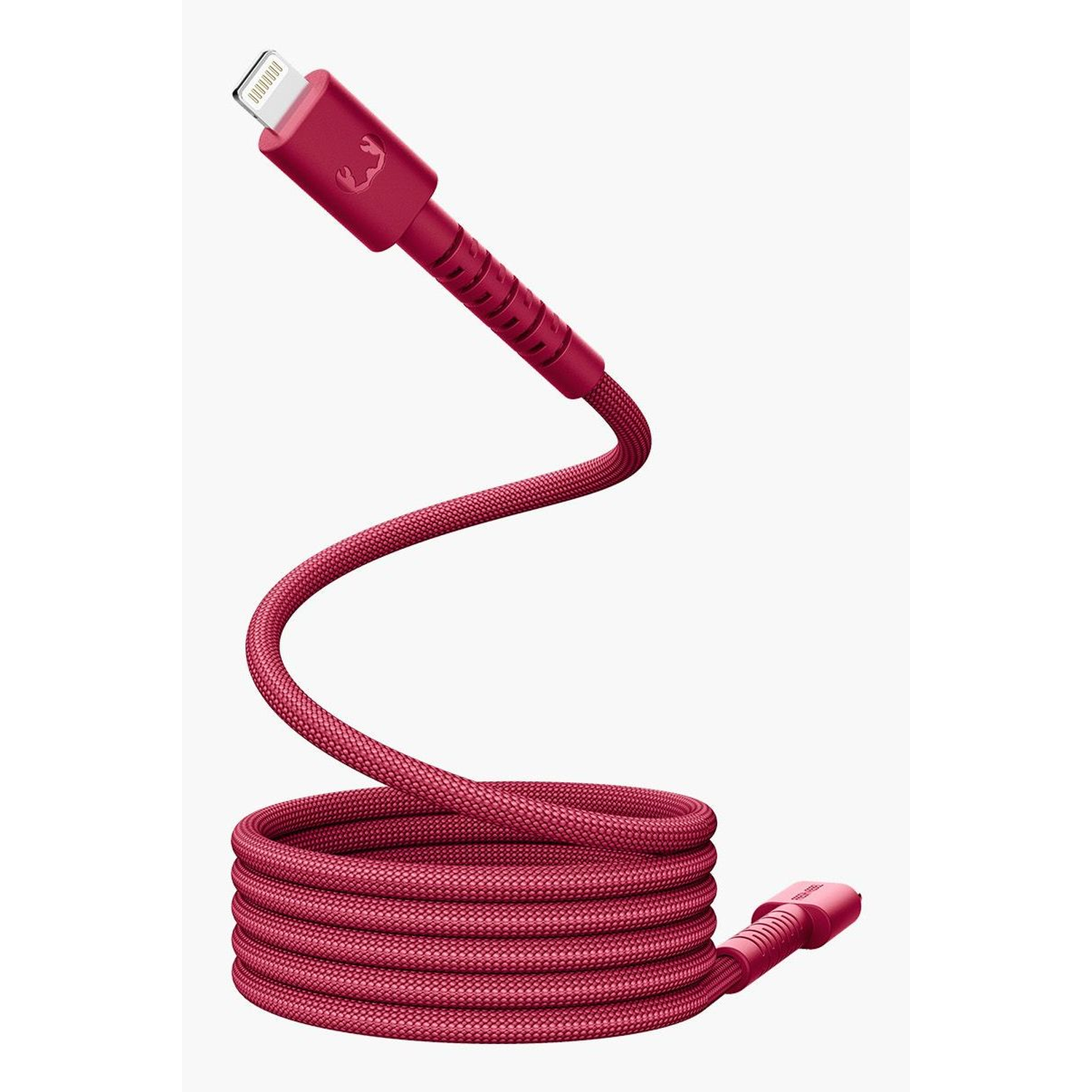 A red charging cable with a lightning connector is curled. The cable is made of woven material, and the connectors are solid red.