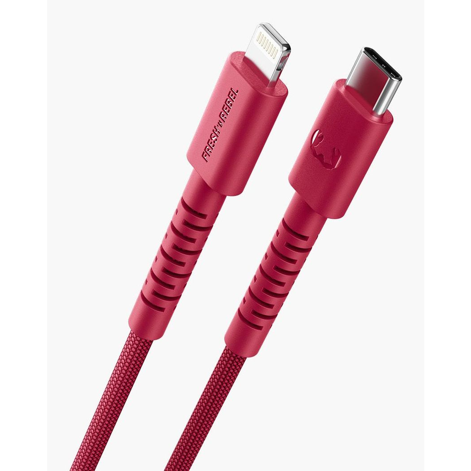 Two red charging cables with different connectors. One has a lightning connector, the other a USB-C connector.