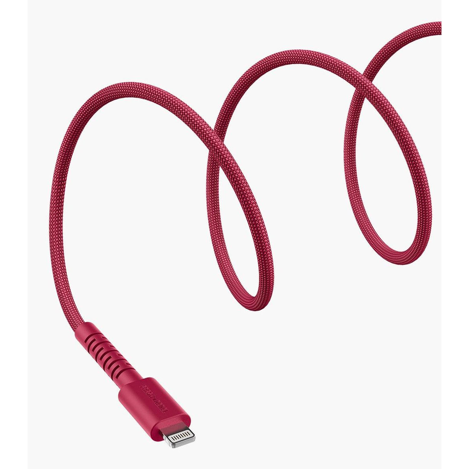 A red charging cable is displayed against a white background. The cable curves in a looping pattern.