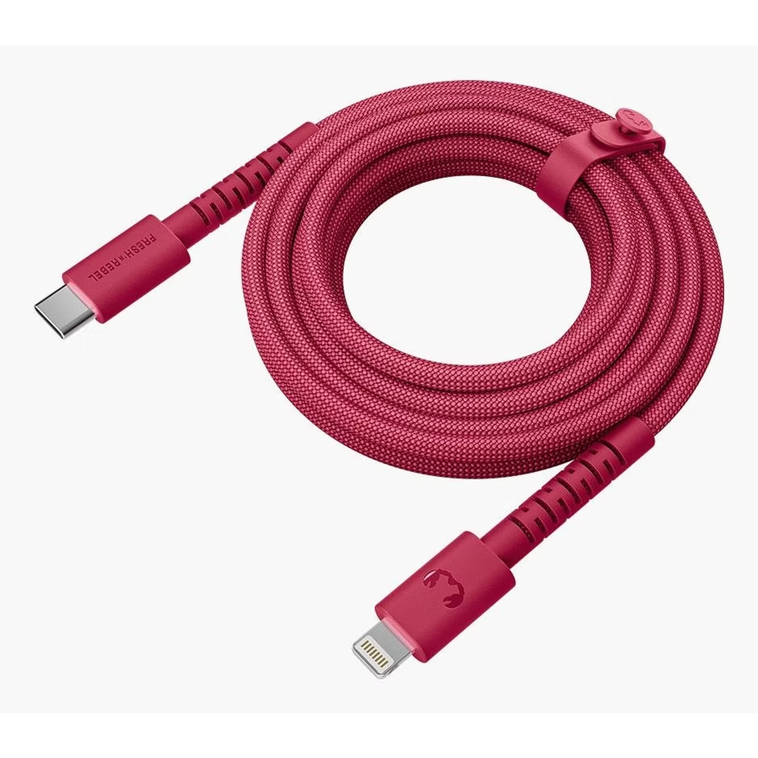 A coiled, red charging cable with USB-C and lightning connectors. It has a fabric-like texture. The background is white.