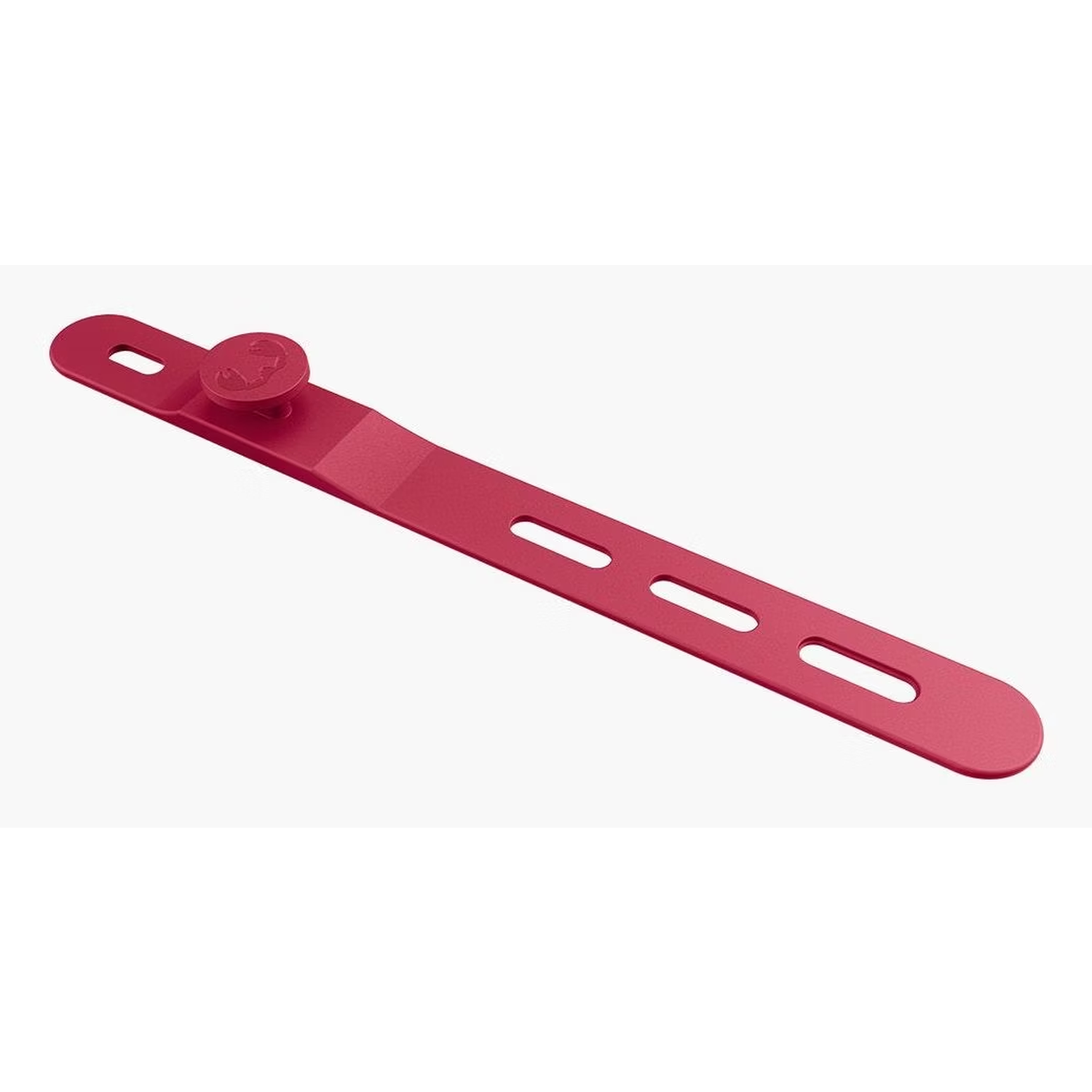 A red plastic strap with a button and three slots. The strap is against a white background.