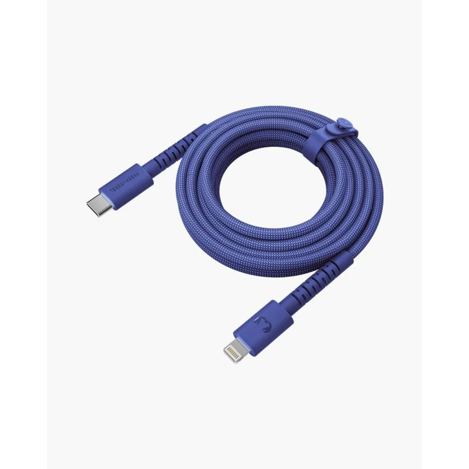 A blue braided charging cable with a USB-C connector at one end and a lightning connector at the other, coiled and secured.