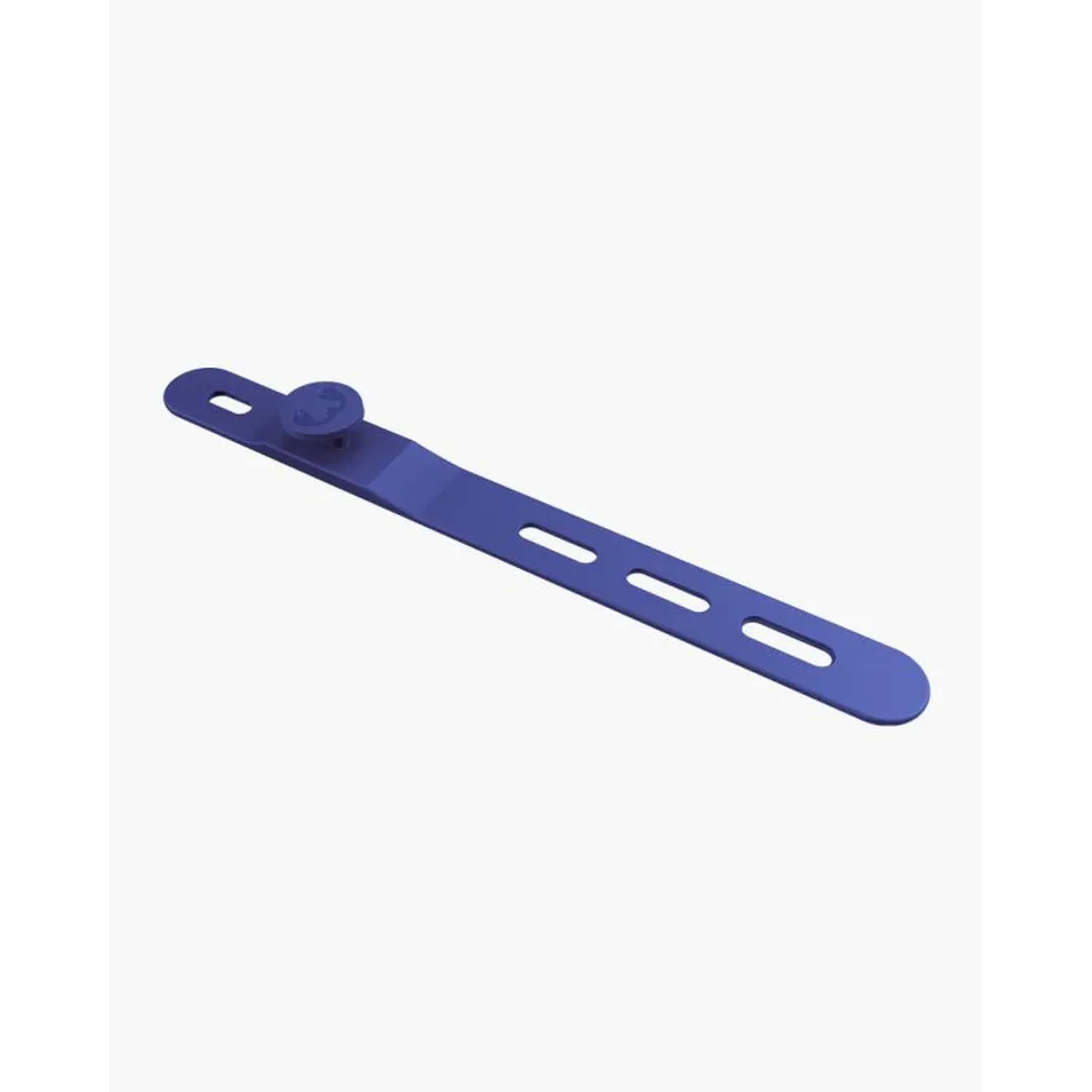 A blue plastic strap with a button and three holes. It lies diagonally against a white background. The strap is slightly curved.