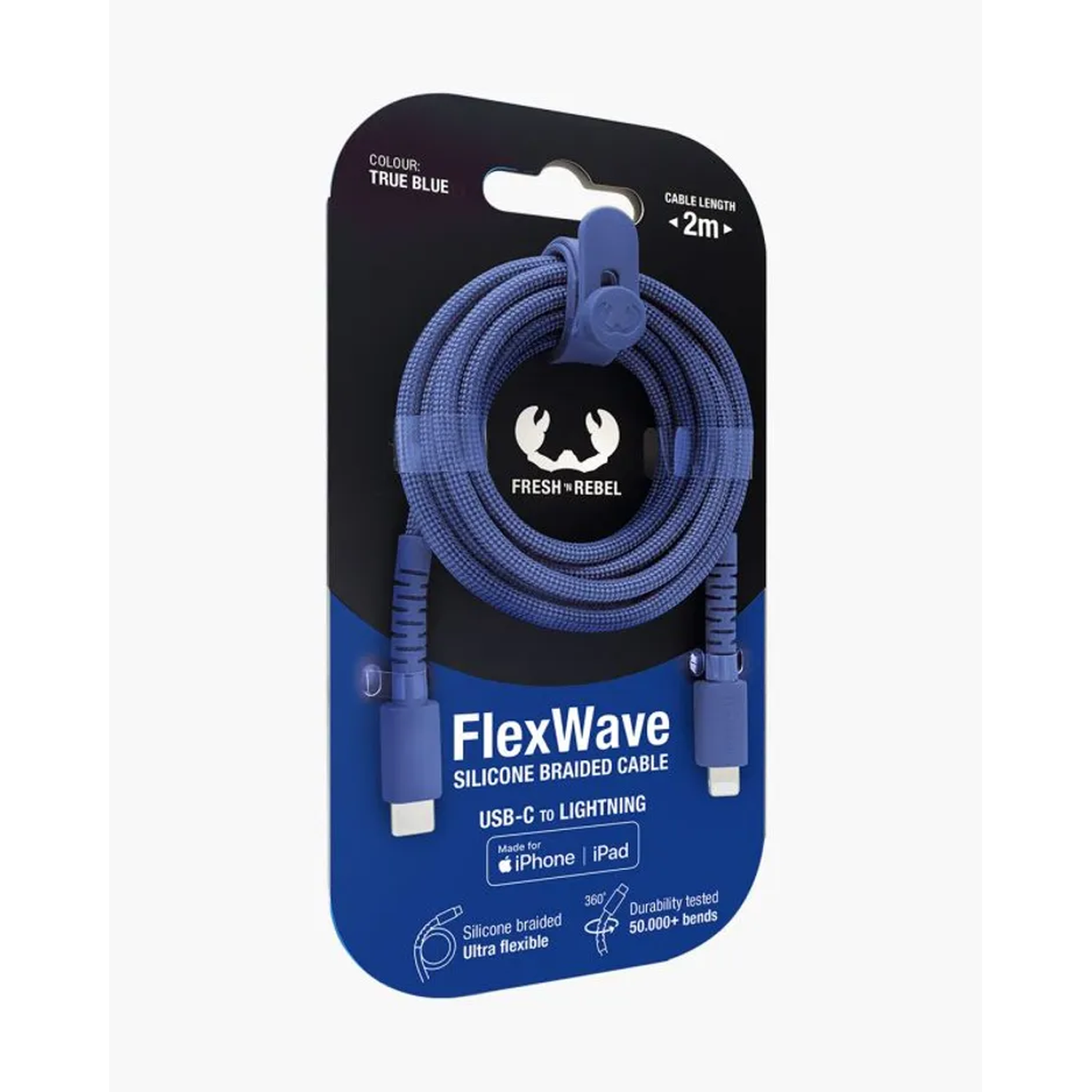 A blue USB-C to Lightning cable on a black and blue package. The cable is braided and labeled FlexWave.