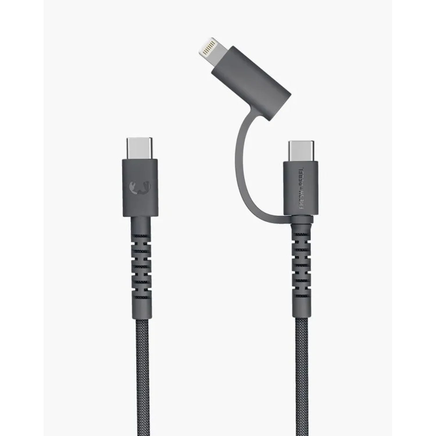 Een grijze oplaadkabel met drie uiteinden. Eén is een Lightning-connector, de andere twee zijn USB-C-connectors.