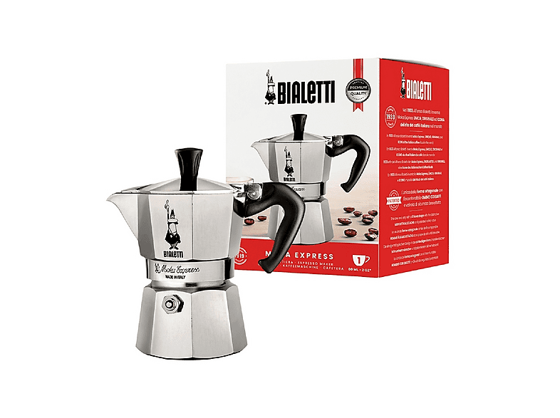 Moka Bialetti Express 1 Tazze, Manico anti scottatura, Adatta a piani cottura gas, 60 ml, Alluminio
