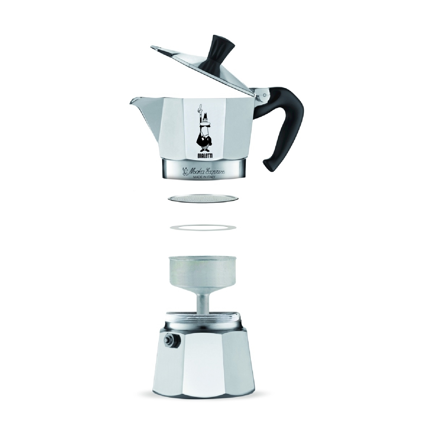 Vista esplosa di una caffettiera Moka argentata, con manico e coperchio neri, che mostra i suoi componenti separati su sfondo bianco.