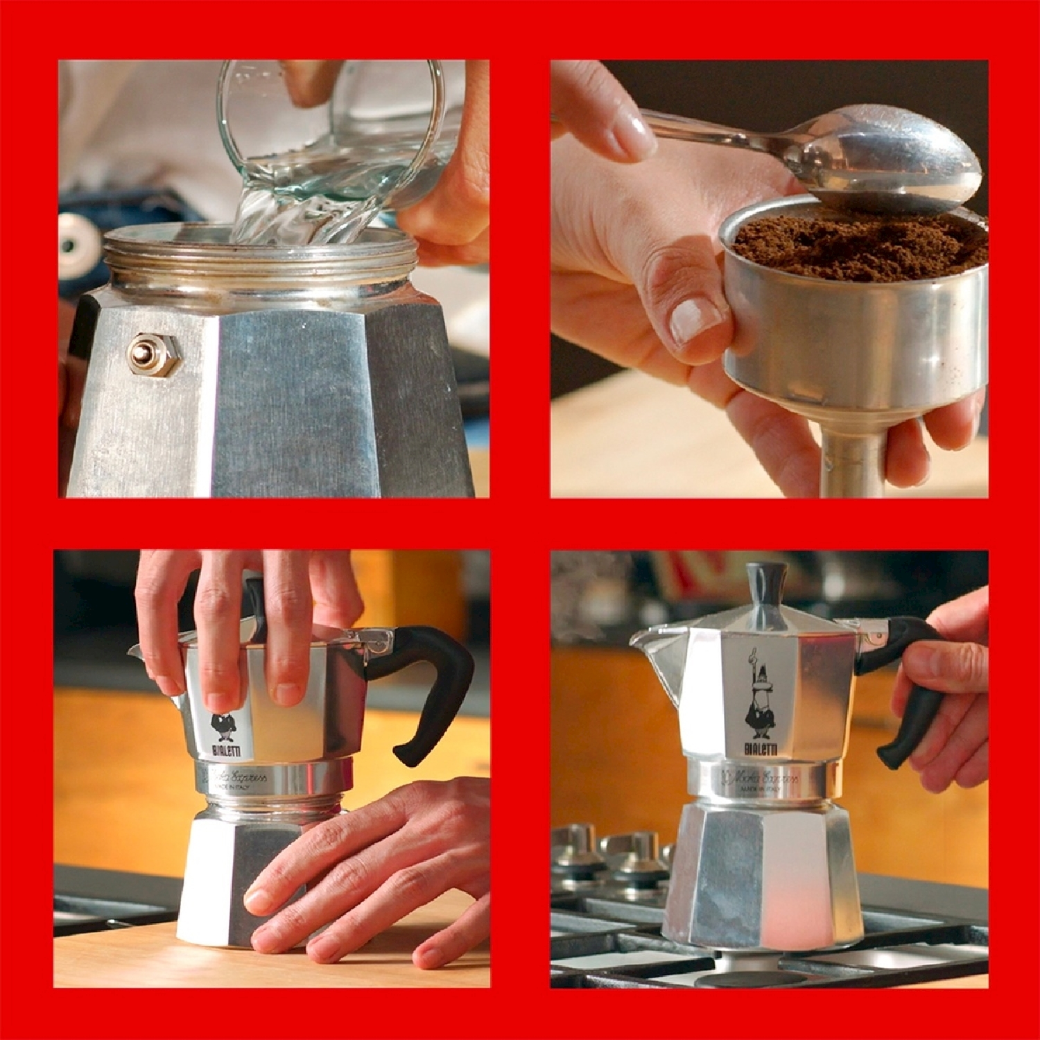 Fasi per fare il caffè: versare l'acqua, aggiungere la polvere di caffè, assemblare la caffettiera e preparare sul fornello.
