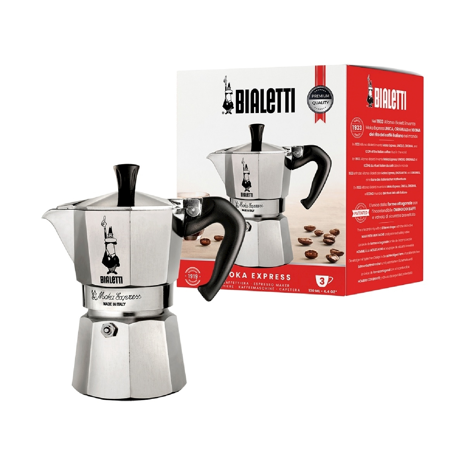 Una caffettiera Bialetti Moka Express argentata con una scatola dietro. La scatola e la caffettiera hanno lo stesso design.