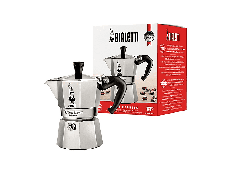 Moka Bialetti Express 2 Tazze, Manico anti scottatura, Adatta a piani cottura gas, 90 ml, Alluminio