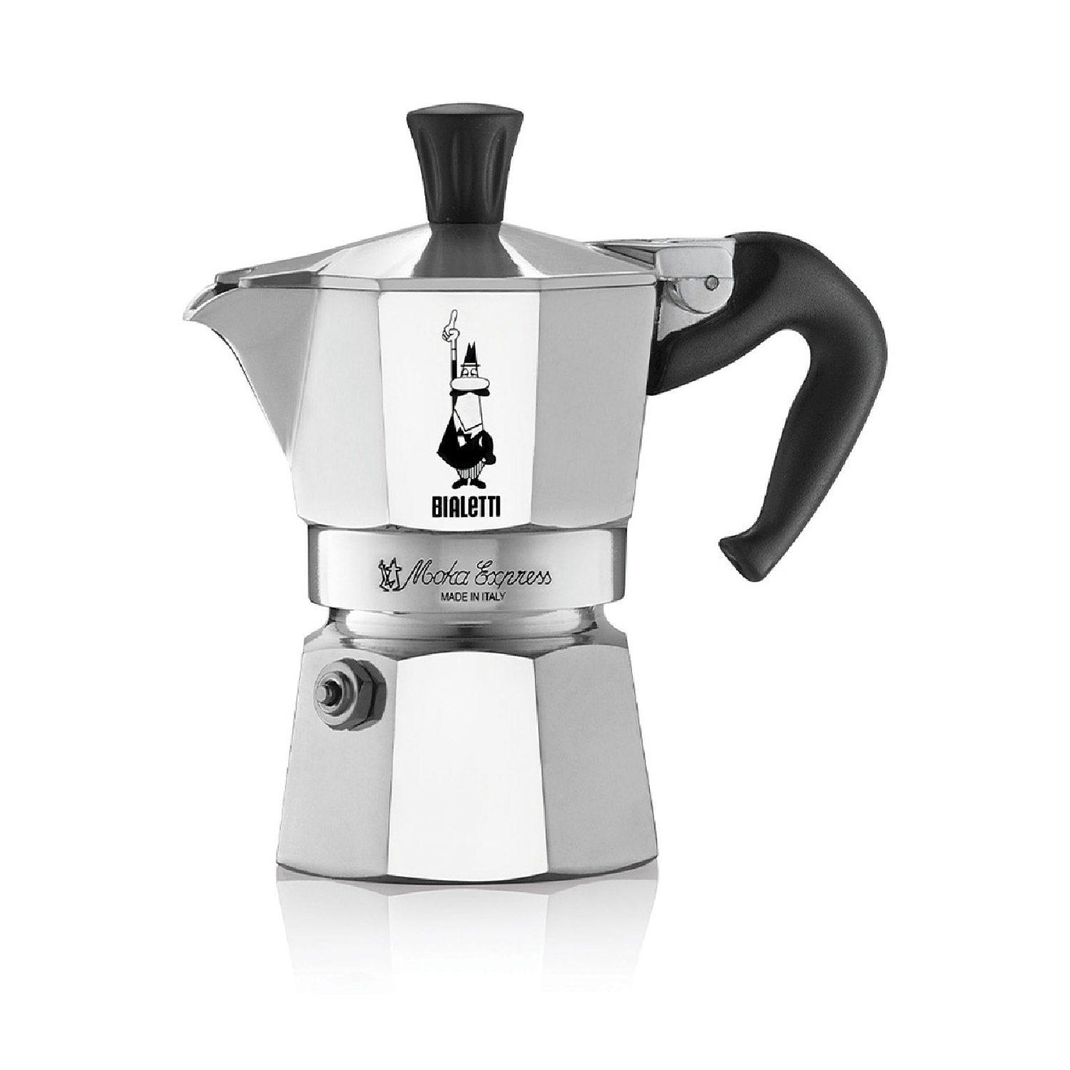 Una caffettiera Bialetti Moka Express argentata con manico e coperchio neri. Ha un logo uomo e dice 'Made in Italy'.