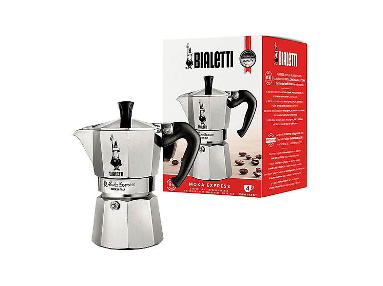 Moka Bialetti Express 4 Tazze, Manico anti scottatura, Adatta a piani cottura gas, 190 ml, Alluminio