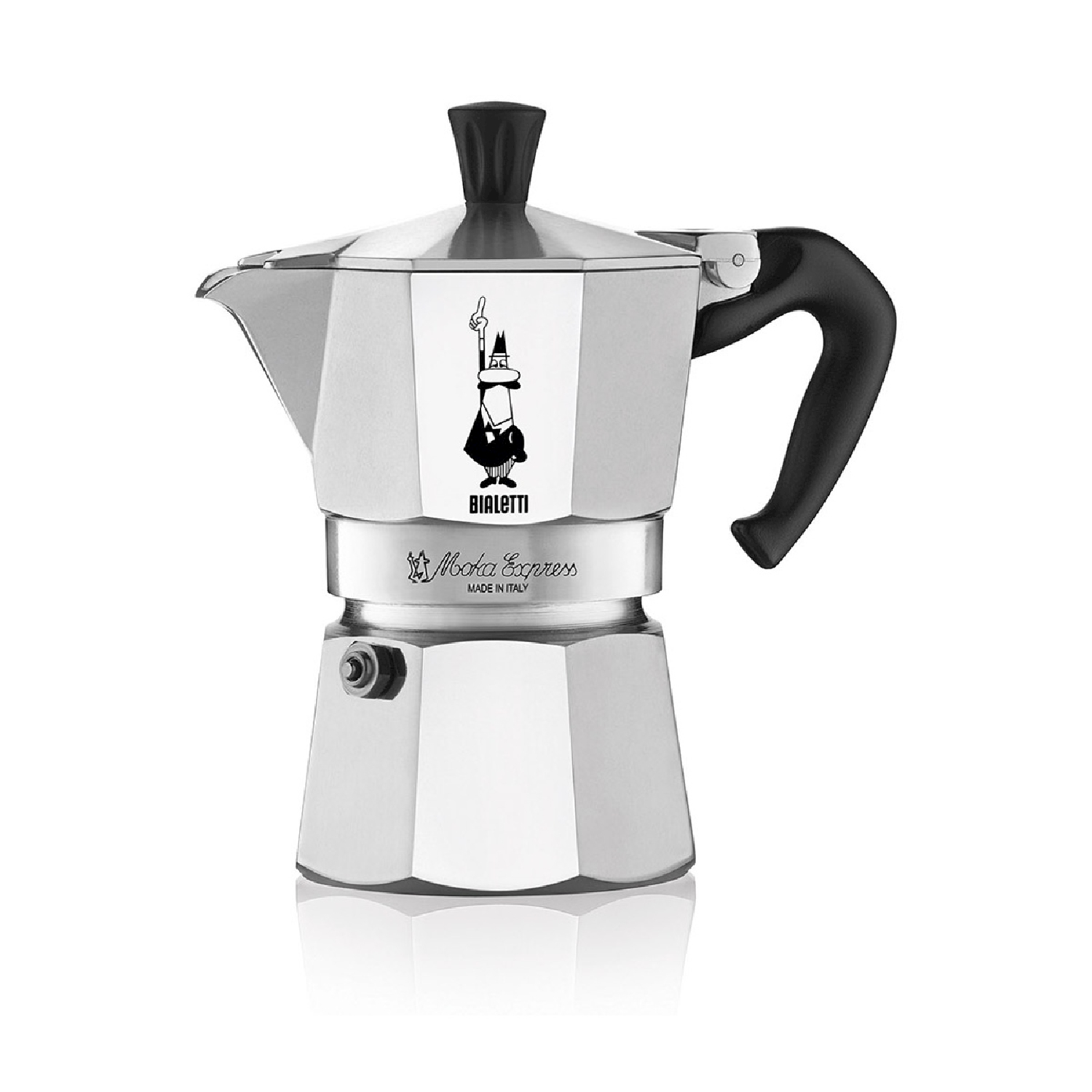 Una caffettiera Moka Express argentata di Bialetti, con manico e parte superiore neri. Il logo Bialetti è davanti.