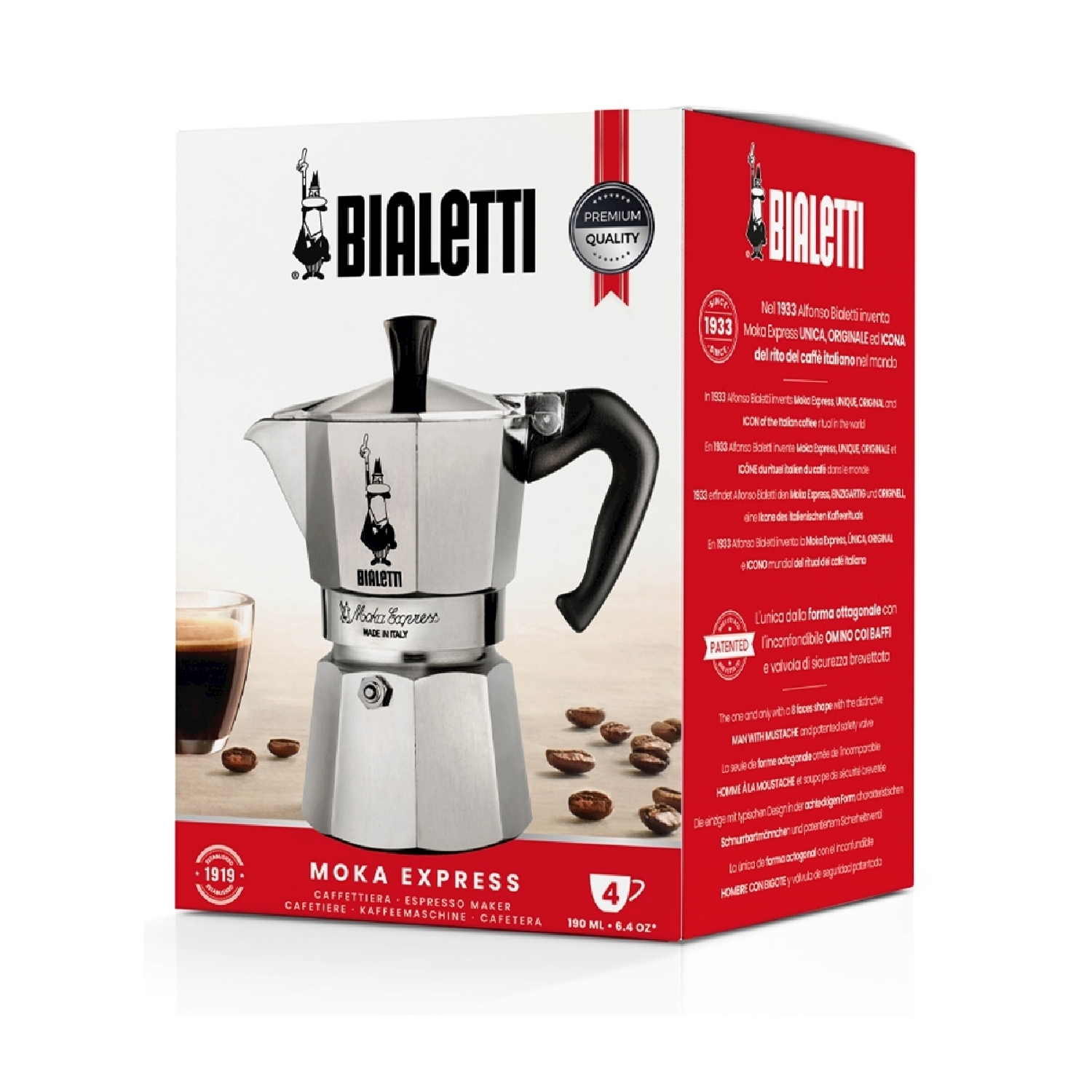 Una caffettiera Bialetti Moka Express su una scatola. La scatola è rossa e bianca con chicchi di caffè.