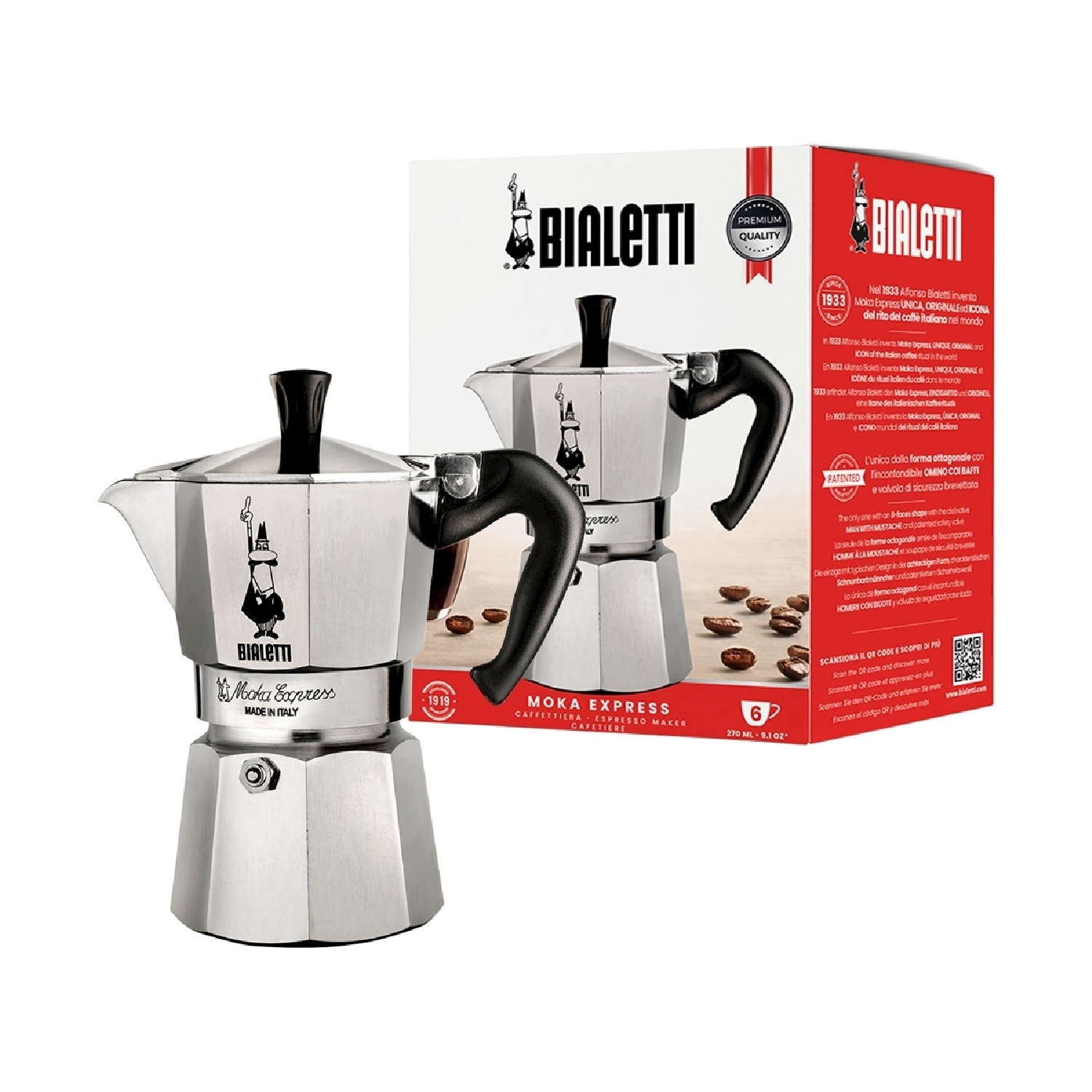 Una caffettiera Bialetti Moka Express con una scatola dietro. La caffettiera è argento e nera.
